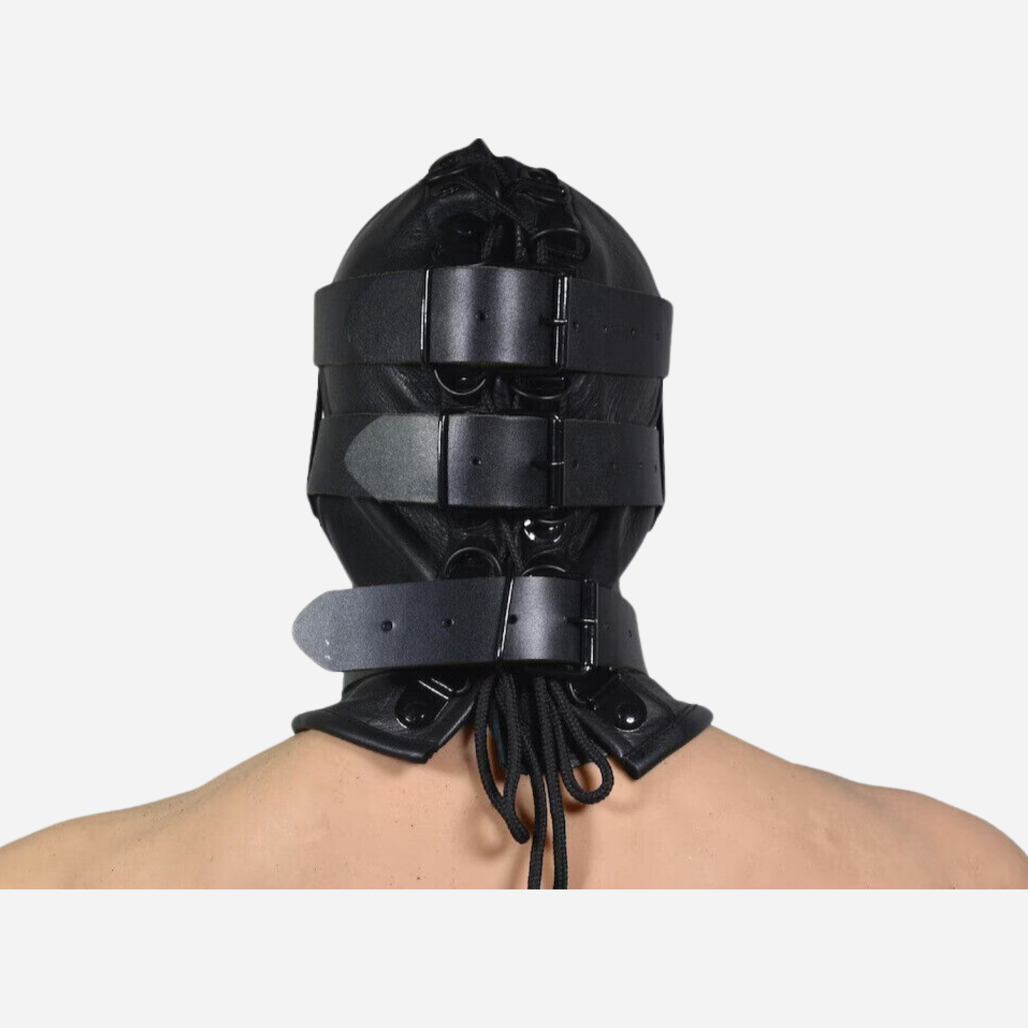 Genuine Leather Hood mask with lace up back & detachable blind fold, mouth gag.