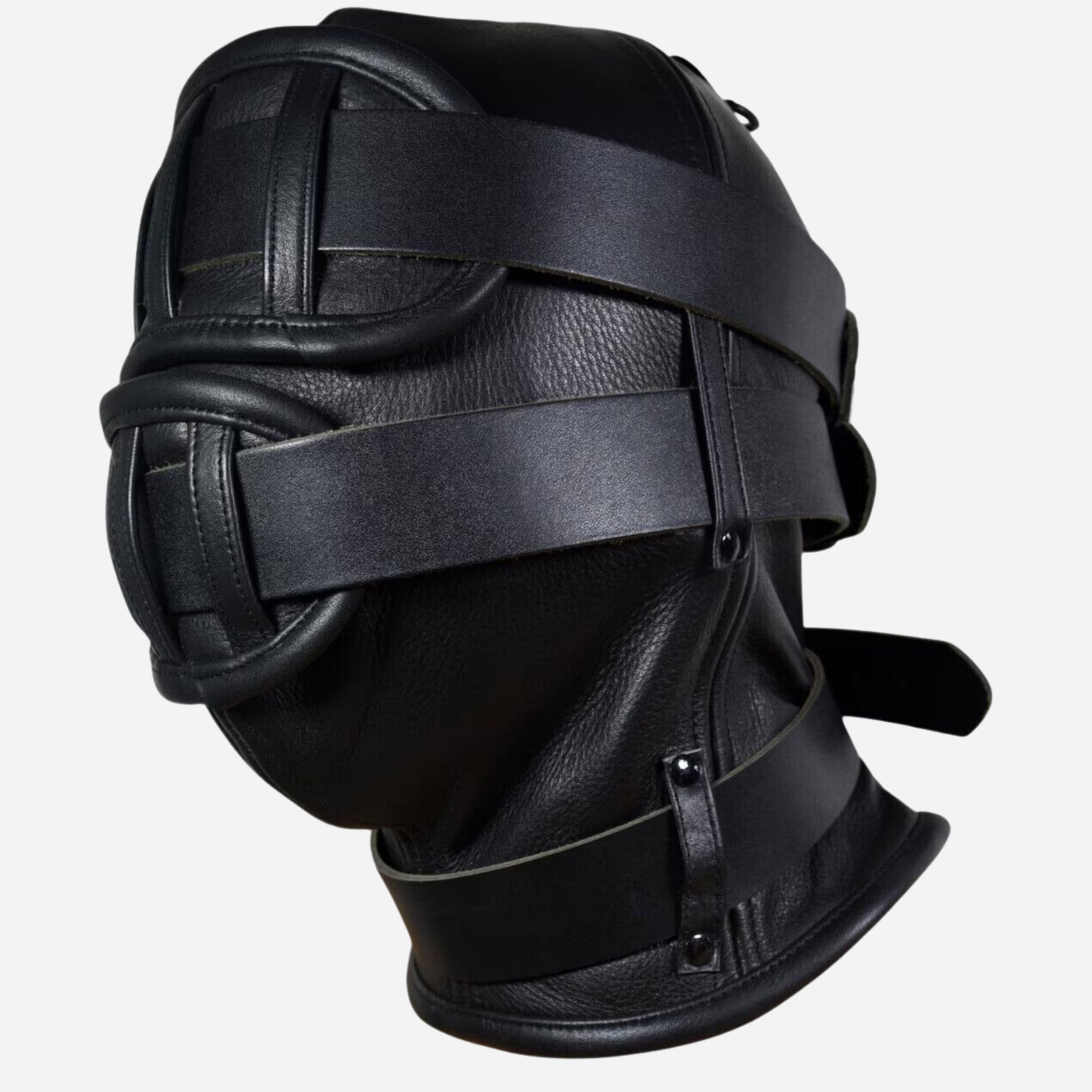Genuine Leather Hood mask with lace up back & detachable blind fold, mouth gag.