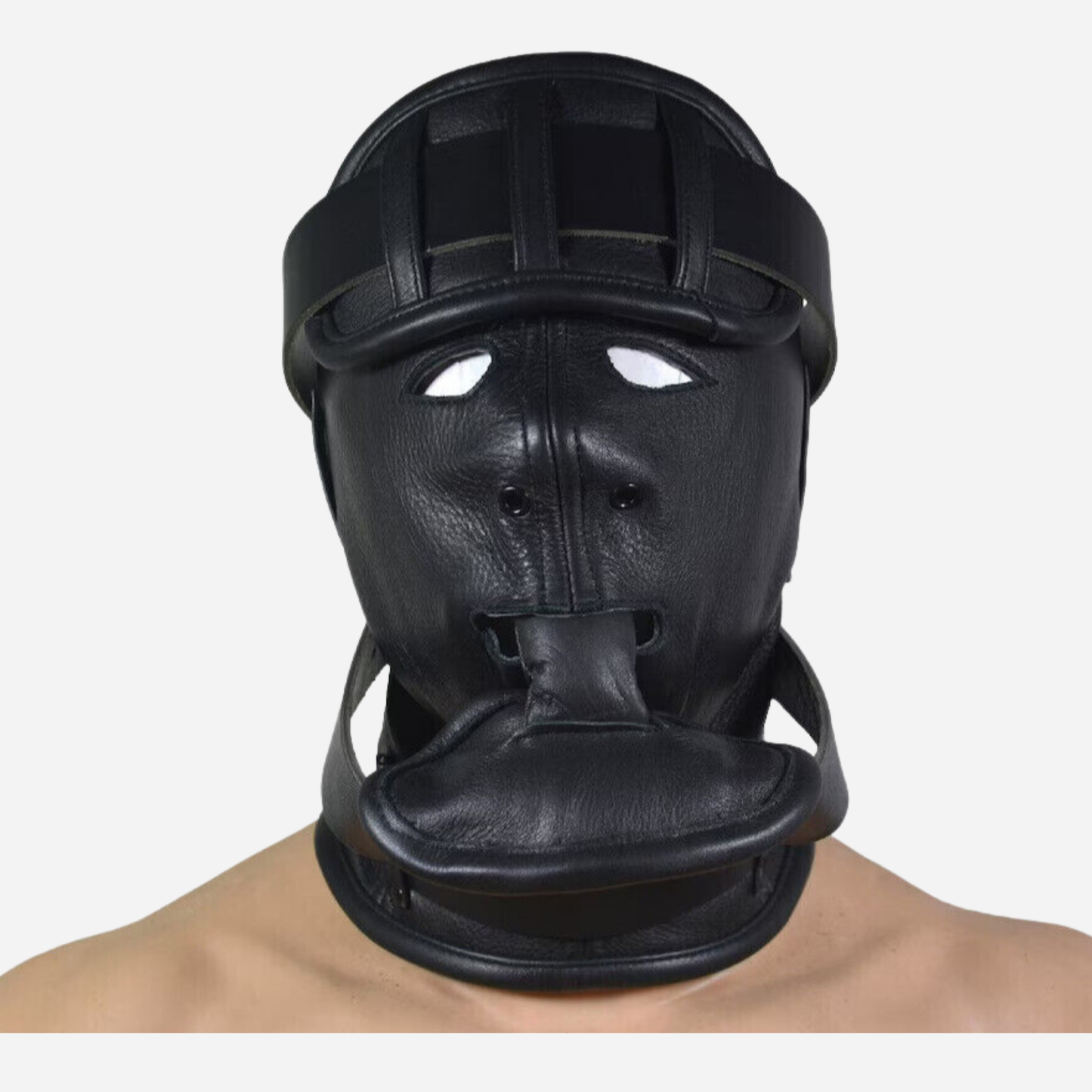 Genuine Leather Hood mask with lace up back & detachable blind fold, mouth gag.