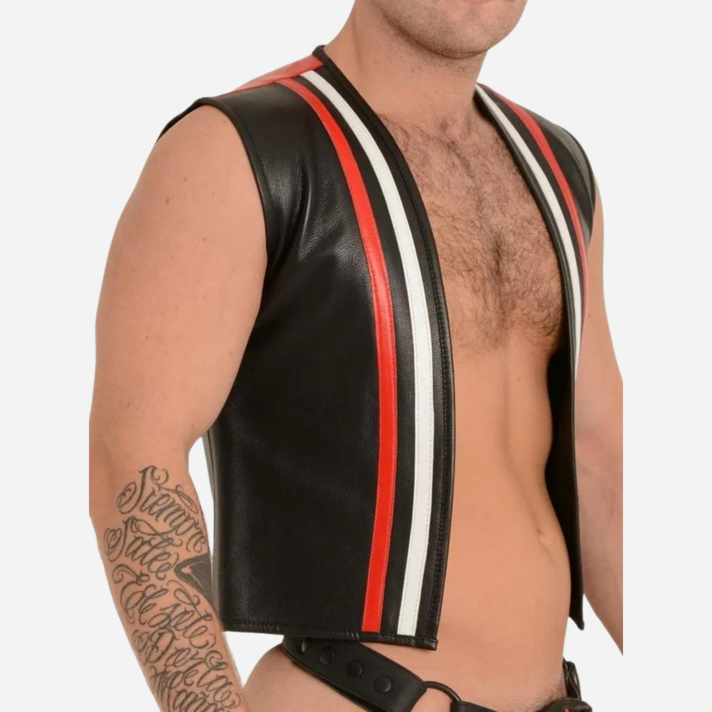 Genuine Leather Gay men Casual Red & White Stripes Waist Coat