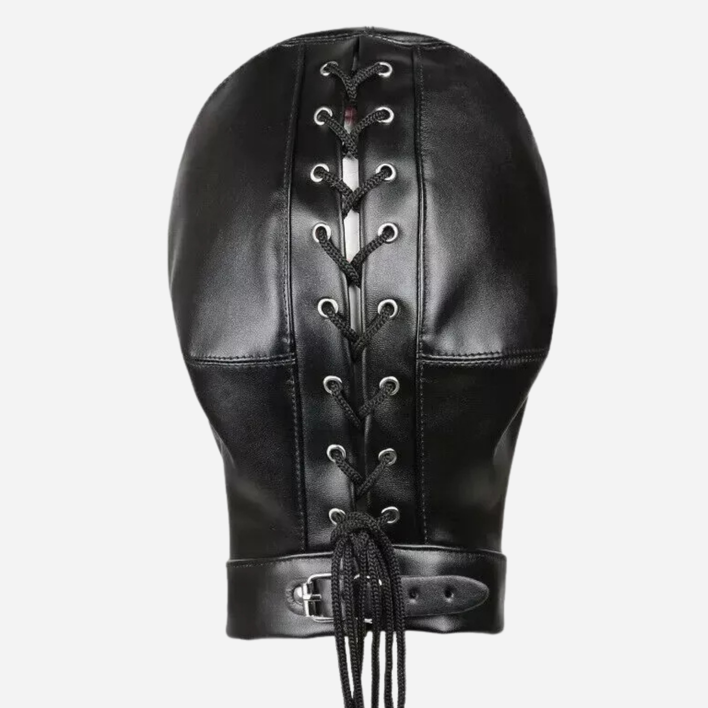 Gothic black hood mask made from premium leather with lace-up back, eye, nose, and mouth openings.