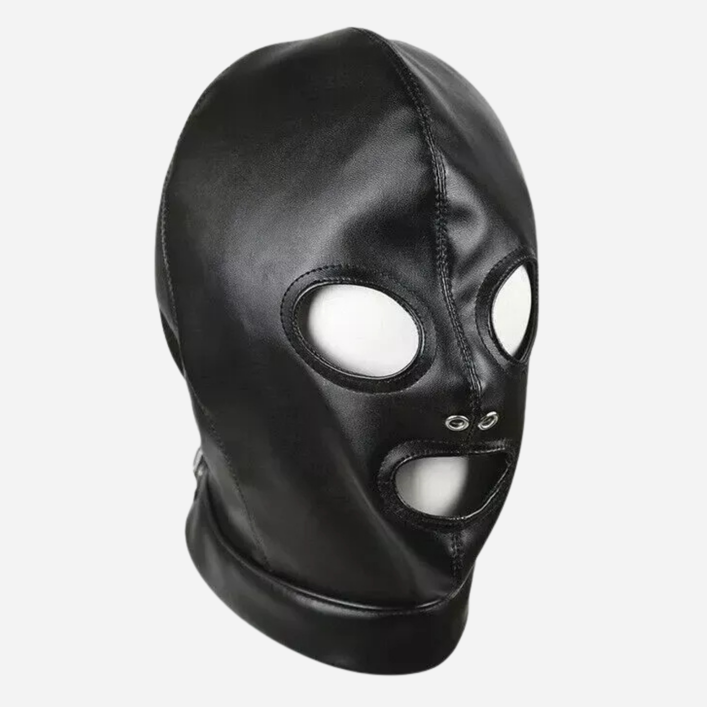 Gothic black hood mask made from premium leather with lace-up back, eye, nose, and mouth openings.