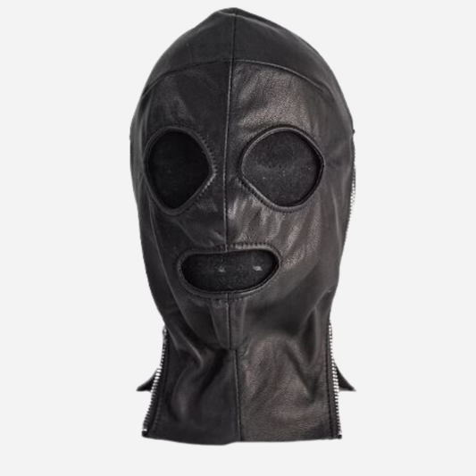 Genuine Leather Incognito Black Lace-Up Hood Mask with Zipper Fastener.