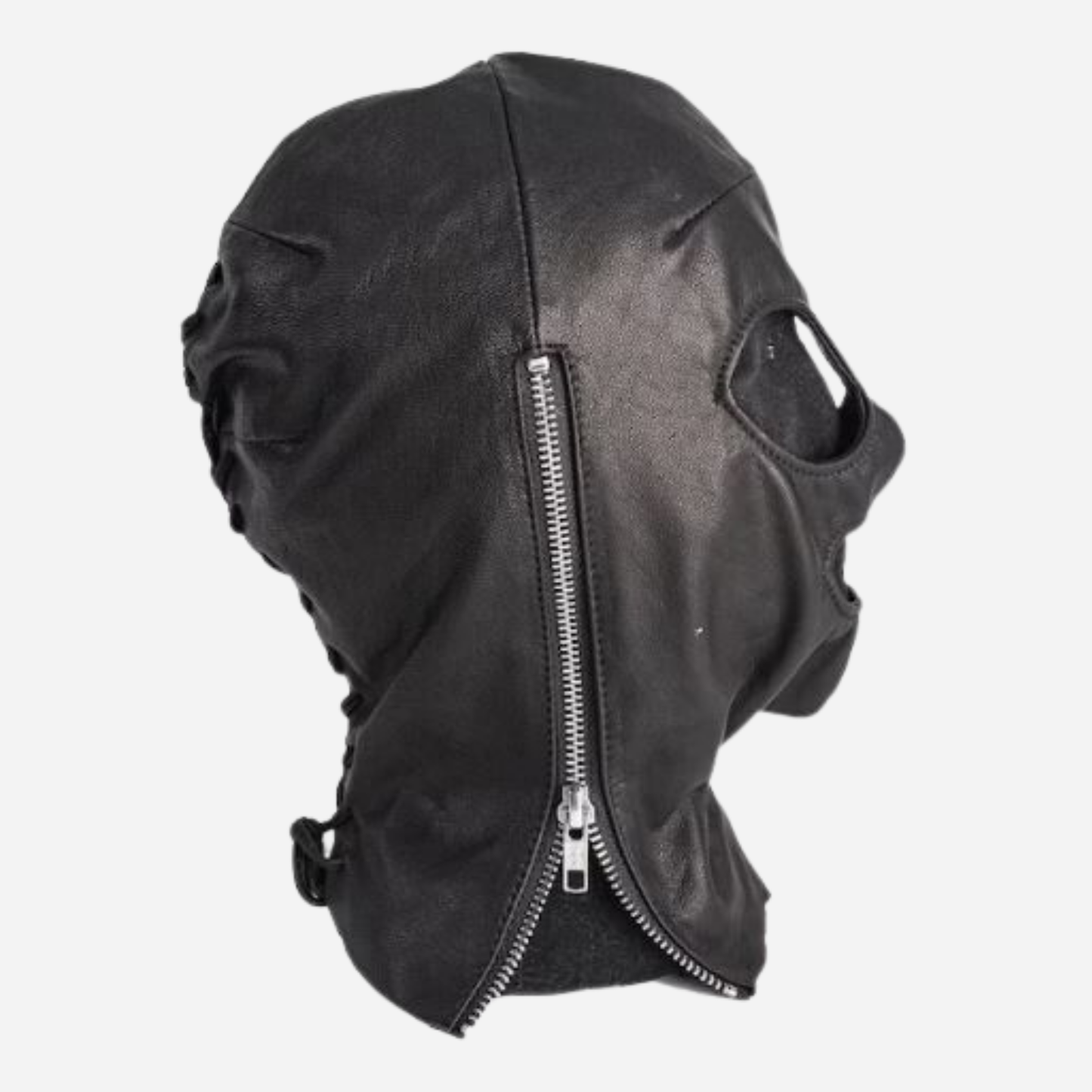 Genuine Leather Incognito Black Lace-Up Hood Mask with Zipper Fastener