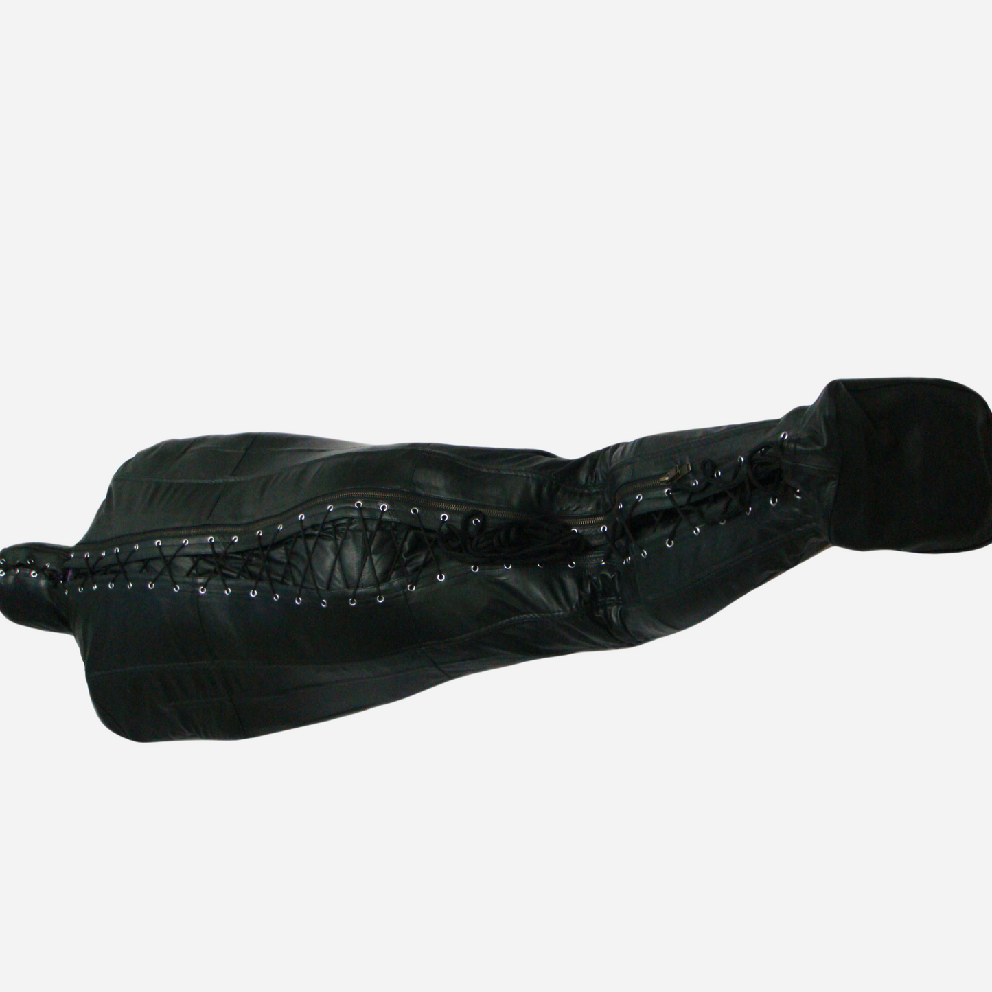 "Explore our luxury leather bondage sleepsack, made from premium genuine leather for unmatched comfort and durability. Featuring an attached mask with open eye and mouth holes, a two-way zipper with three sliders, and adjustable lacing for a secure fit. Available in all sizes and customizable. Perfect for a high-quality BDSM experience."
