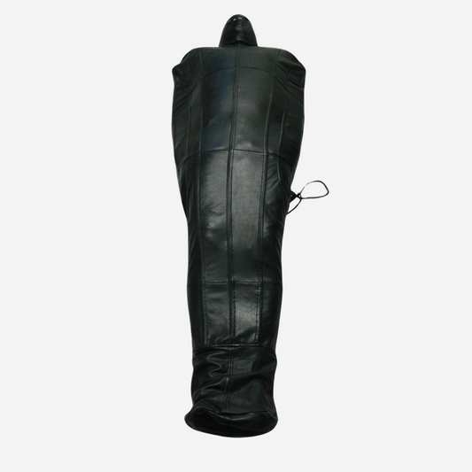 "Explore our luxury leather bondage sleepsack, made from premium genuine leather for unmatched comfort and durability. Featuring an attached mask with open eye and mouth holes, a two-way zipper with three sliders, and adjustable lacing for a secure fit. Available in all sizes and customizable. Perfect for a high-quality BDSM experience."
