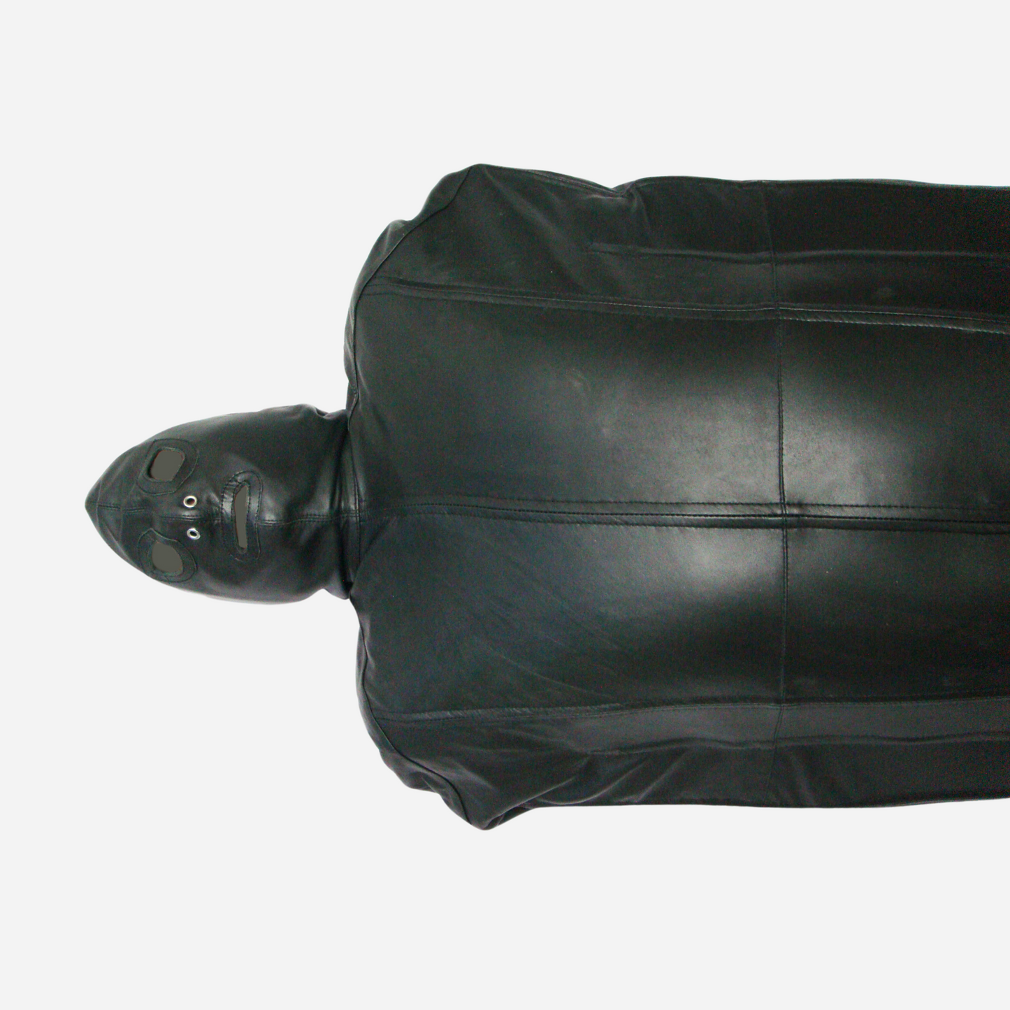 "Explore our luxury leather bondage sleepsack, made from premium genuine leather for unmatched comfort and durability. Featuring an attached mask with open eye and mouth holes, a two-way zipper with three sliders, and adjustable lacing for a secure fit. Available in all sizes and customizable. Perfect for a high-quality BDSM experience."