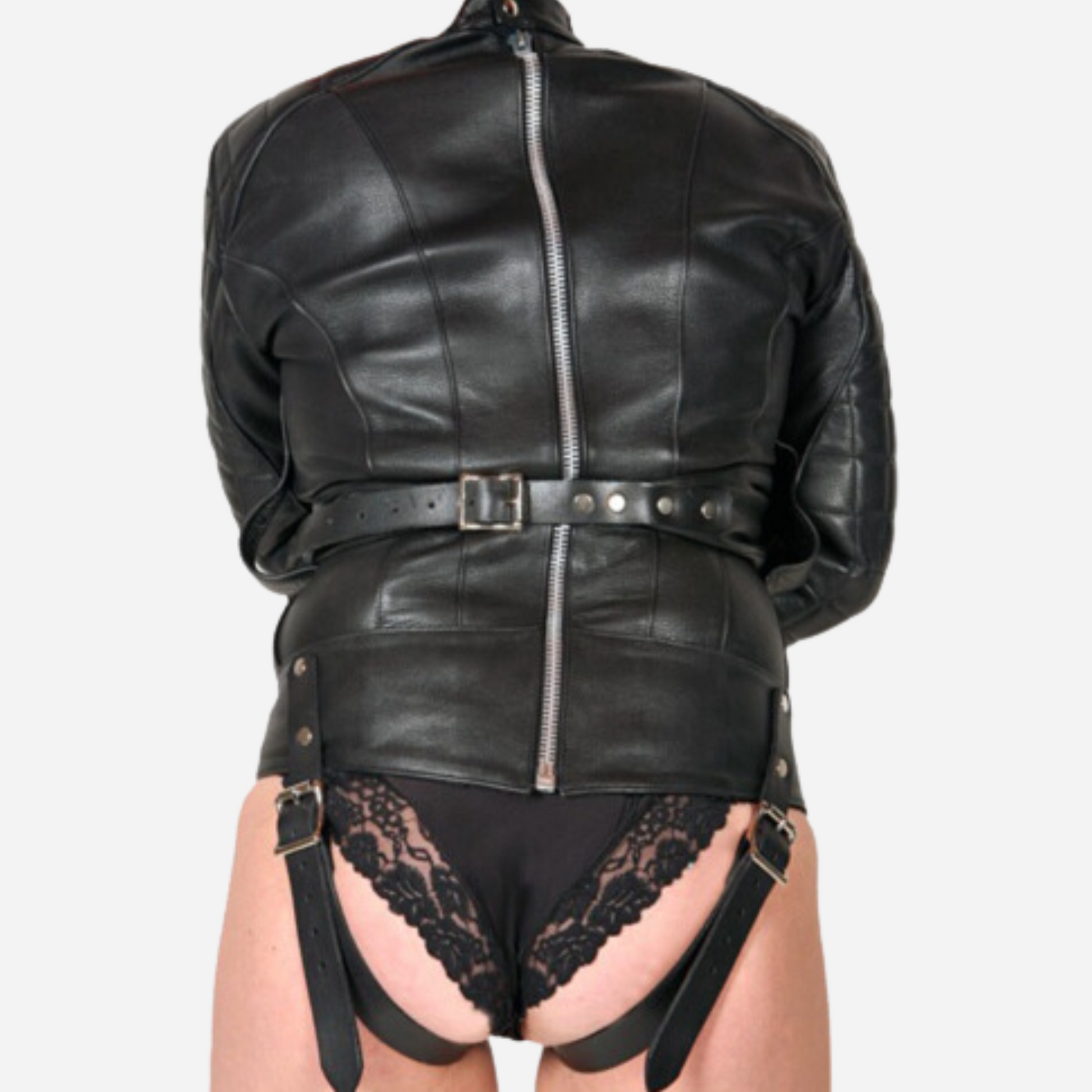 Straight jacket is made up of 100% Real Leather Soft Quilted jacket with long sleeves, crotch belts and YKK zipper fastening back.