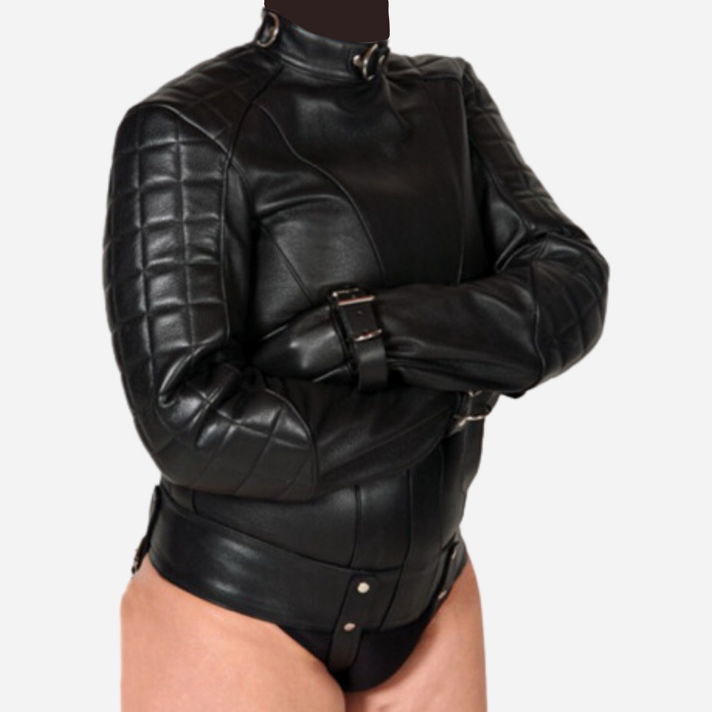 Straight jacket is made up of 100% Real Leather Soft Quilted jacket with long sleeves, crotch belts and YKK zipper fastening back.