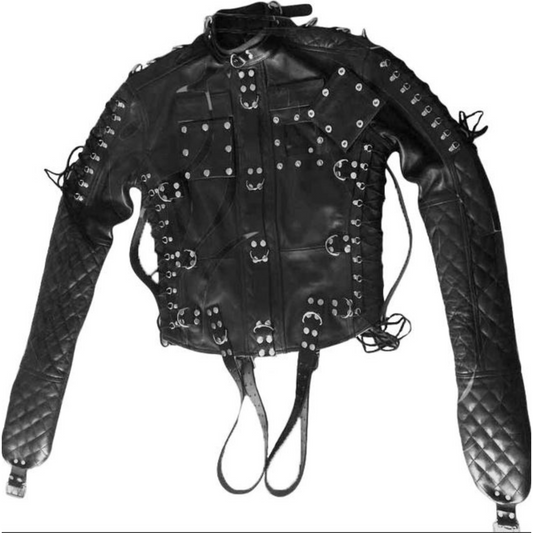 Real Leather quilted sleeves straight jacket for Bondage cosplay.