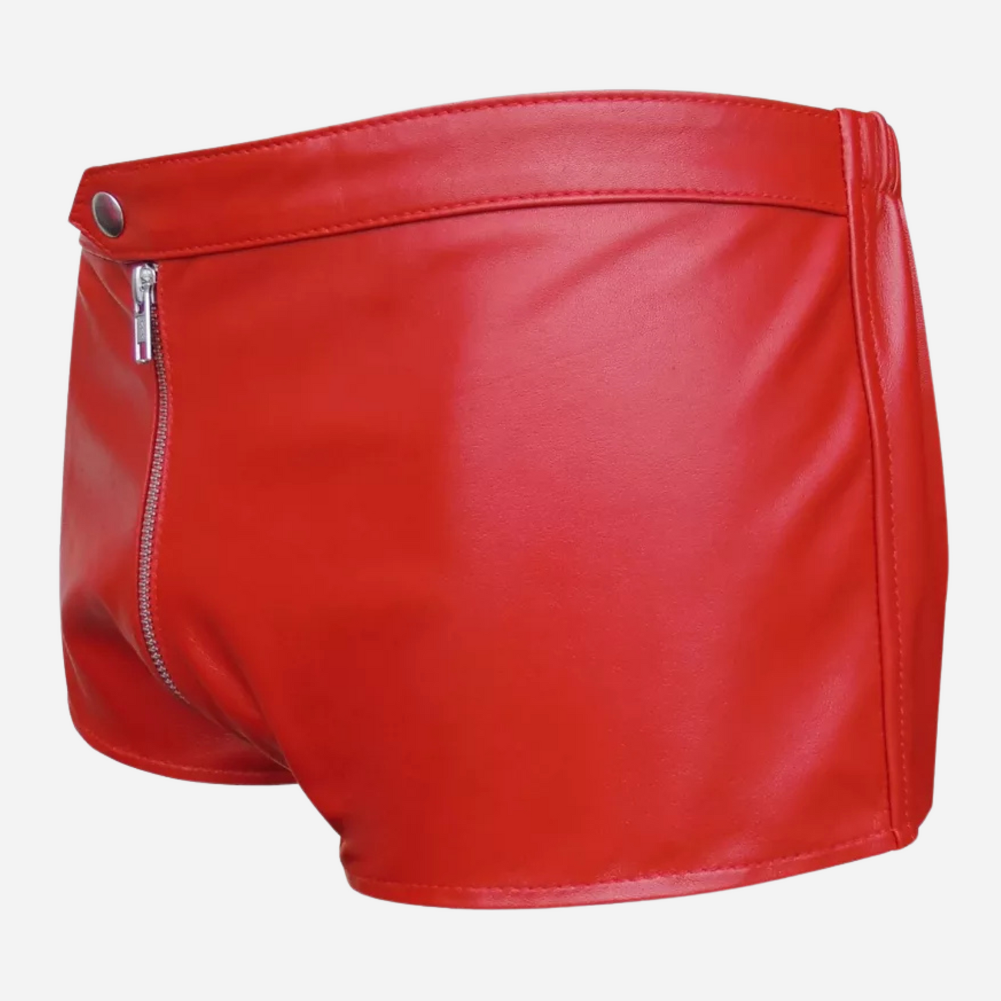 Shop our bold Red Genuine Leather Brief Shorts with leather jockstraps, elastic waistband, and zipper closure. Made from high-quality leather for comfort and style, perfect for nightlife or fetish wear. Get yours today and stand out with this daring, versatile design!