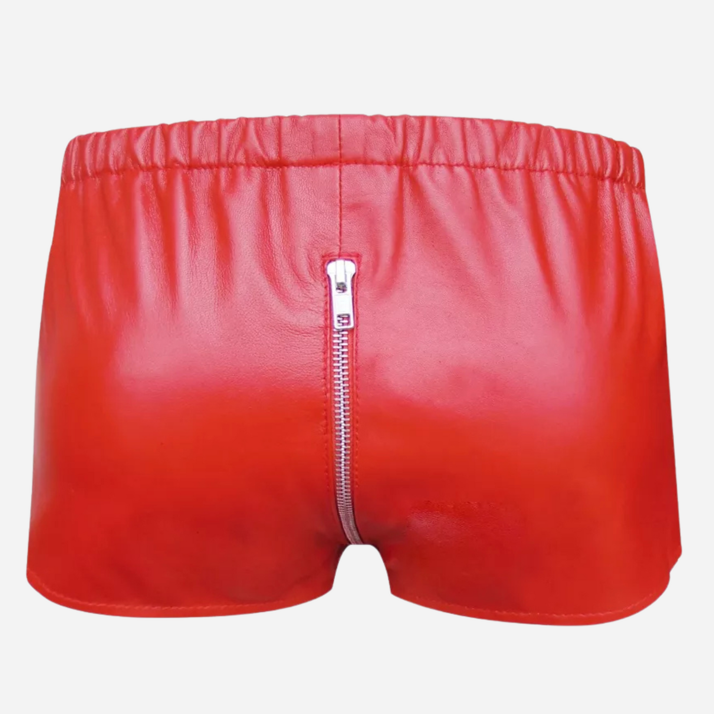 Shop our bold Red Genuine Leather Brief Shorts with leather jockstraps, elastic waistband, and zipper closure. Made from high-quality leather for comfort and style, perfect for nightlife or fetish wear. Get yours today and stand out with this daring, versatile design!