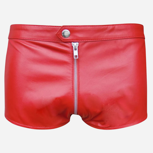 Shop our bold Red Genuine Leather Brief Shorts with leather jockstraps, elastic waistband, and zipper closure. Made from high-quality leather for comfort and style, perfect for nightlife or fetish wear. Get yours today and stand out with this daring, versatile design!