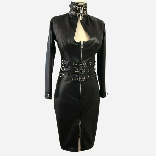 Real Leather A-line Dress with keyhole neck & zipper fastening front.