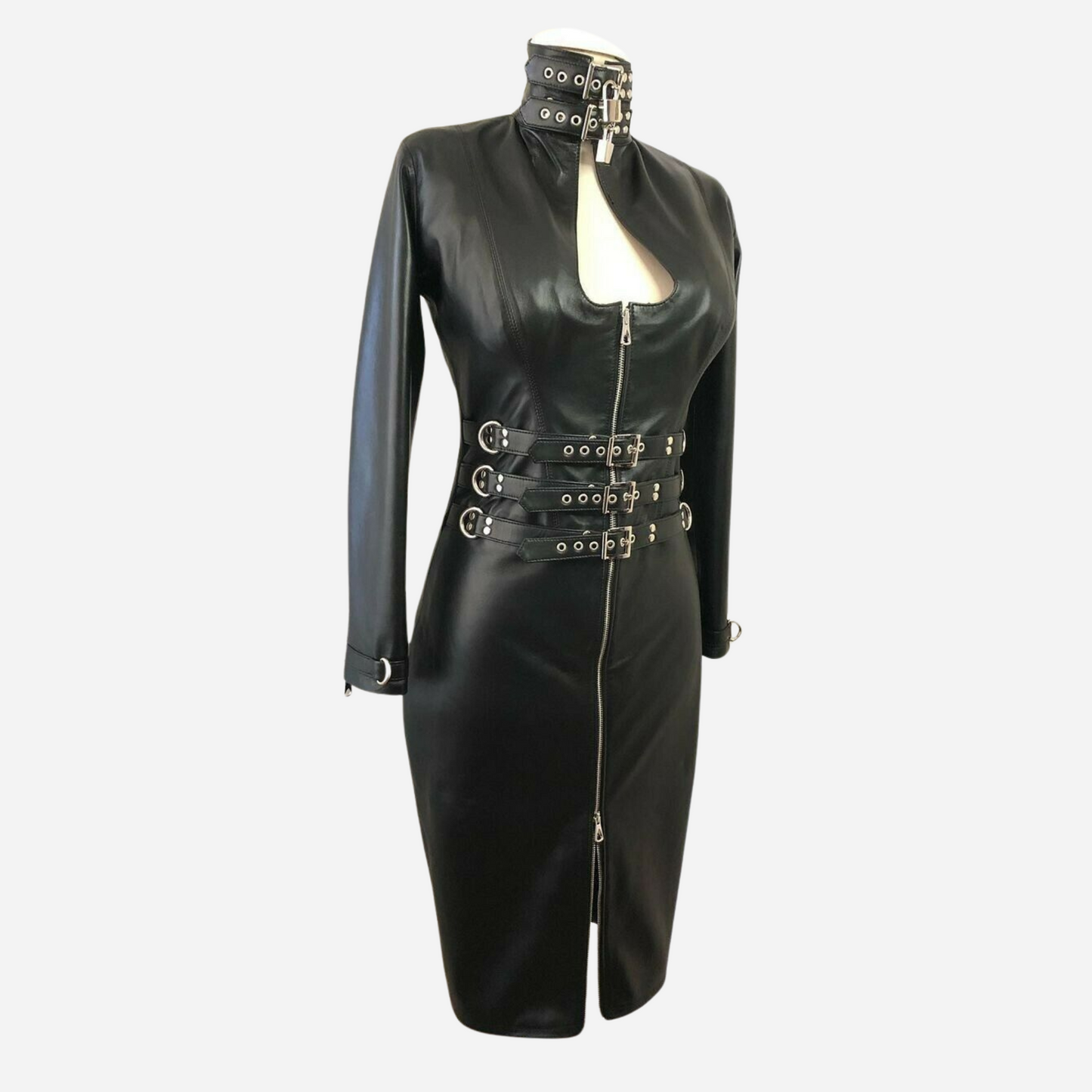 Real Leather A-line Dress with keyhole neck & zipper fastening front.