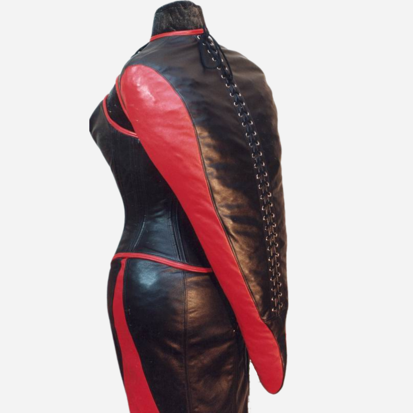 Premium Leather Sexy corset dress with lace up arm binder crafted with 100% Real Leather, contrast color black and red.