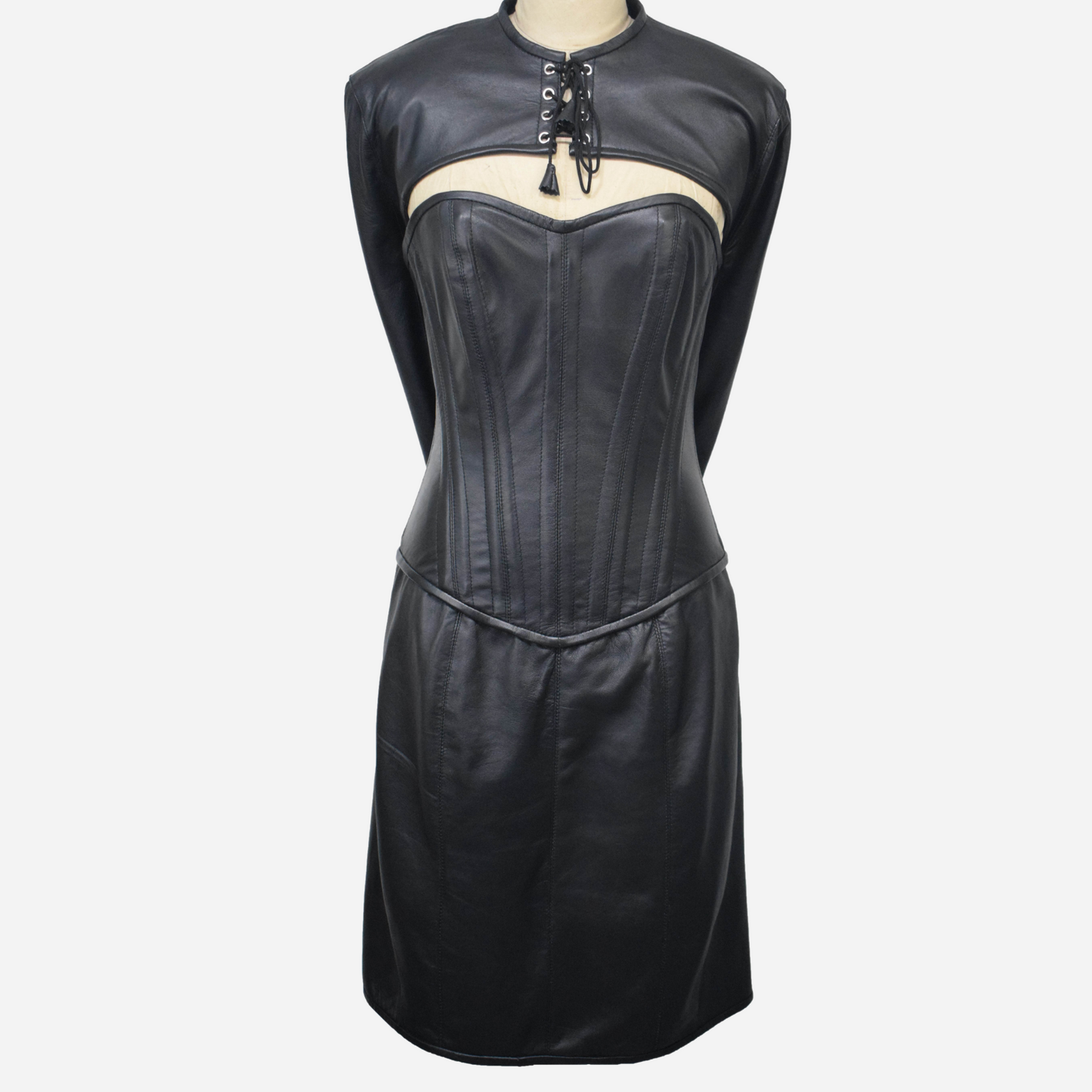 Leather Sexy corset dress with lace up arm binder crafted with 100% Real Leather, contrast color black and red.