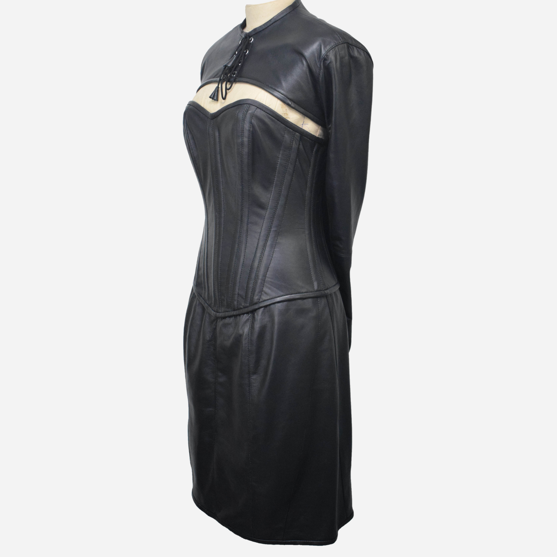 Premium Leather Sexy corset dress with lace up arm binder crafted with 100% Real Leather, contrast color black and red.