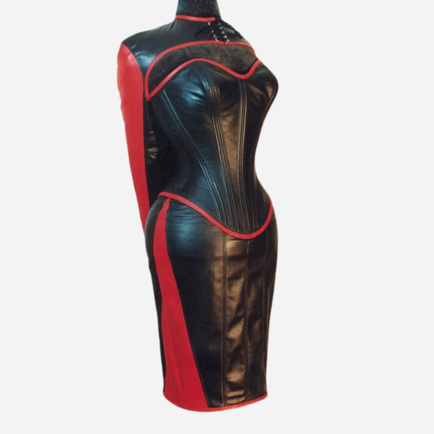 Premium Leather Sexy corset dress with lace up arm binder crafted with 100% Real Leather, contrast color black and red.