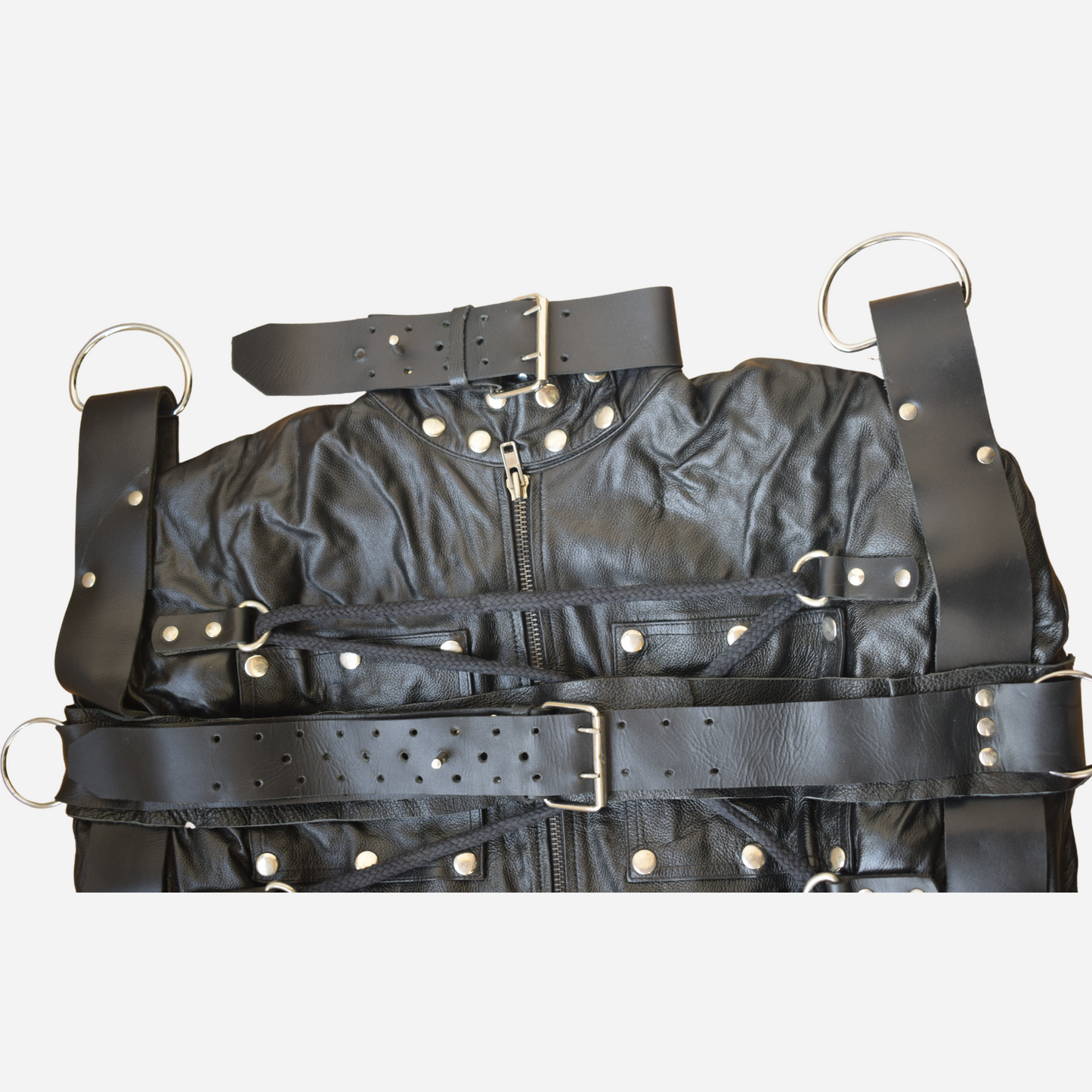 Genuine Leather Sleepsack, featuring heavy-duty belts and a stylish lace-up front. Detachable hood mask.