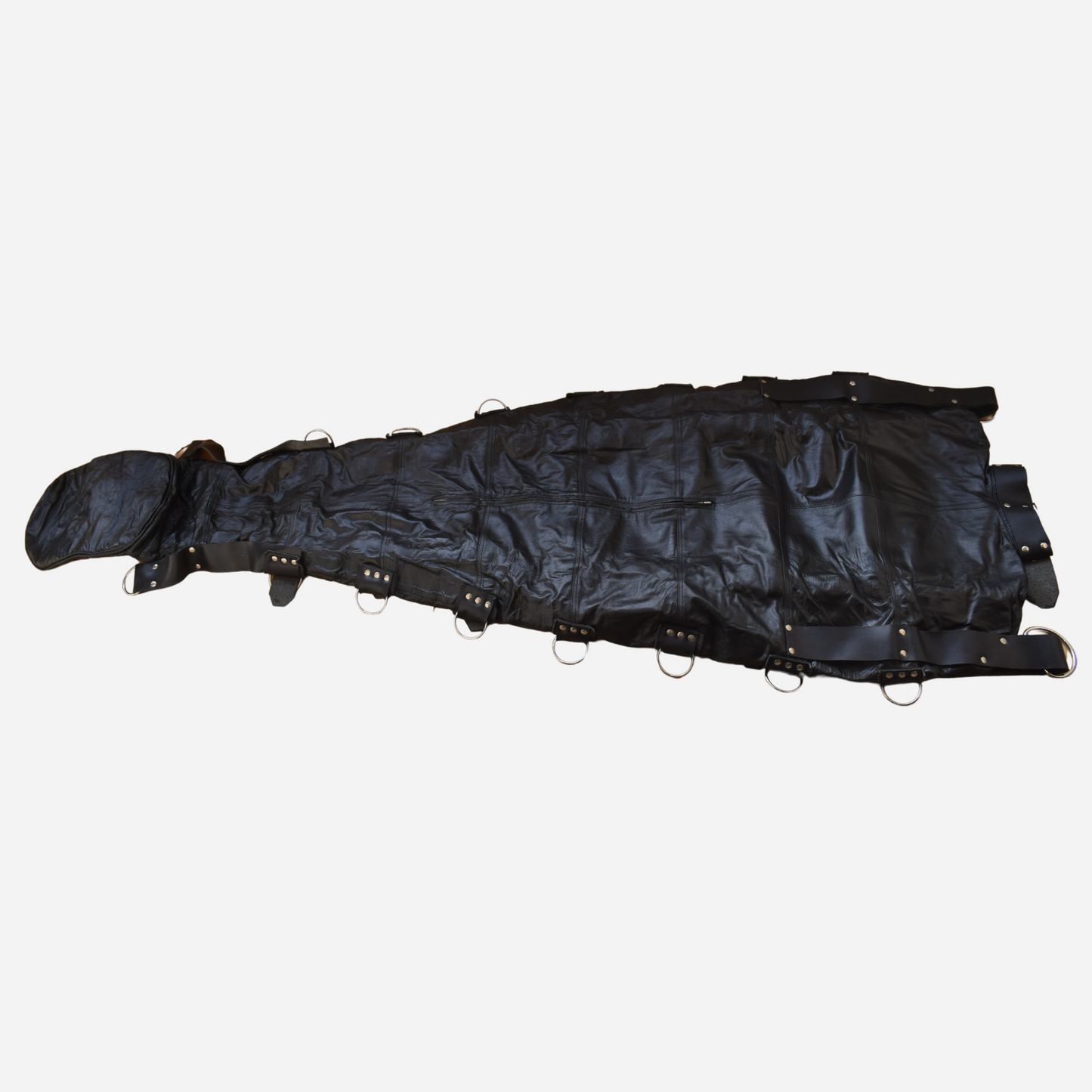 Genuine Leather Sleepsack, featuring heavy-duty belts and a stylish lace-up front. Detachable hood mask.