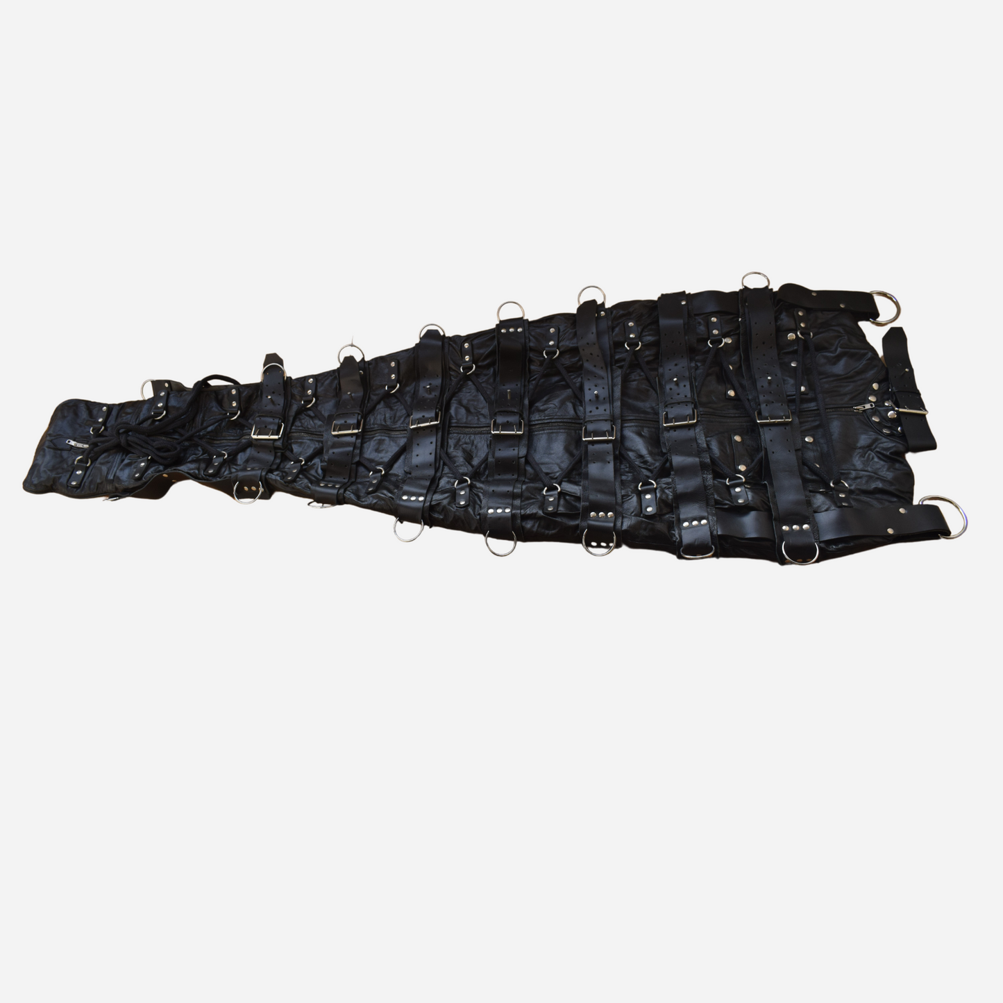 Genuine Leather Sleepsack, featuring heavy-duty belts and a stylish lace-up front. Detachable hood mask.