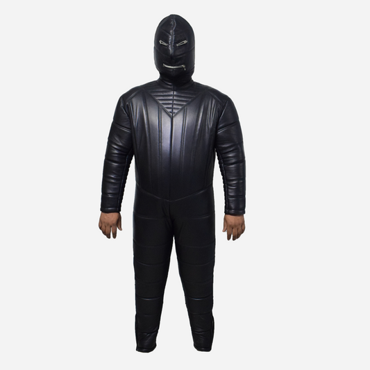 Genuine Leather Full padded one piece jumpsuit with attached hood mask one-piece zipper suit.