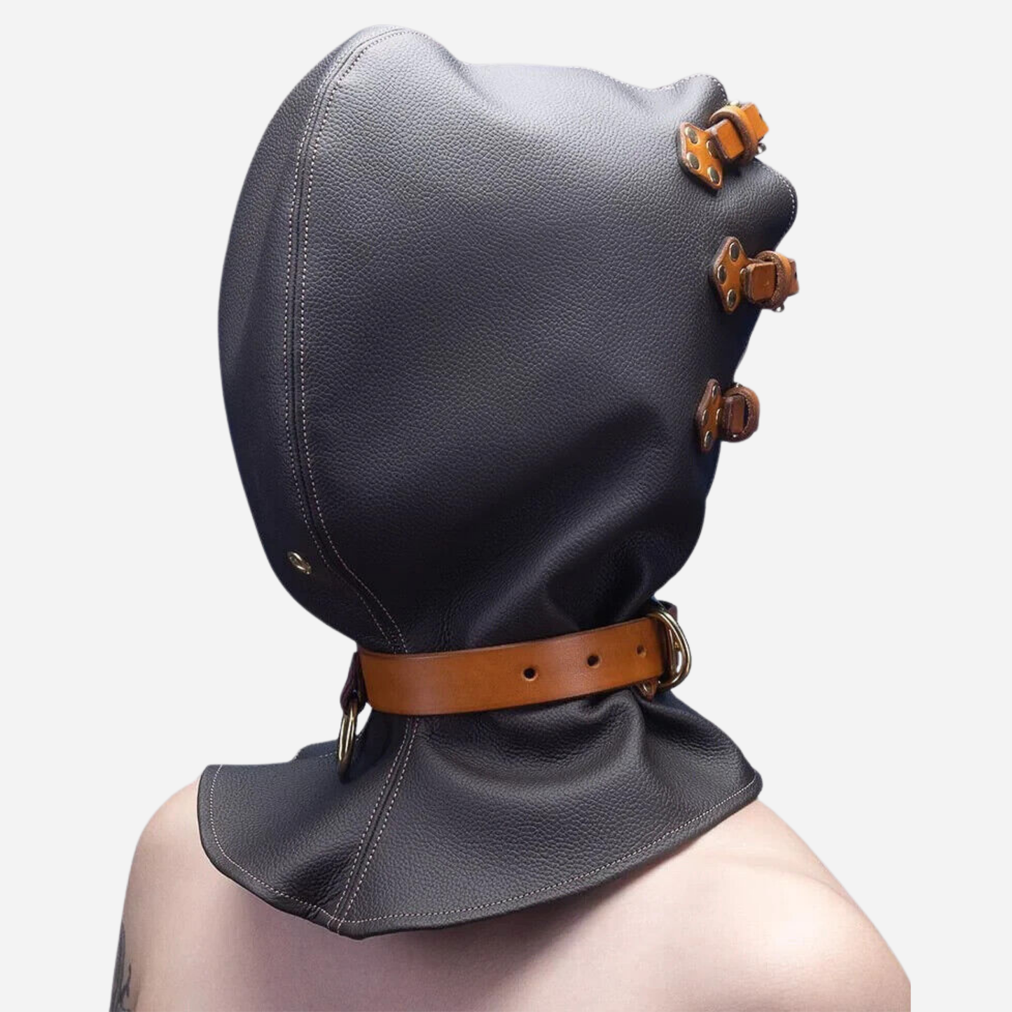 Real Leather bondage Air tight Hood Mask, featuring adjustable collar with attached D-ring.