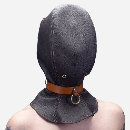 Real Leather bondage Air tight Hood Mask, featuring adjustable collar with attached D-ring.