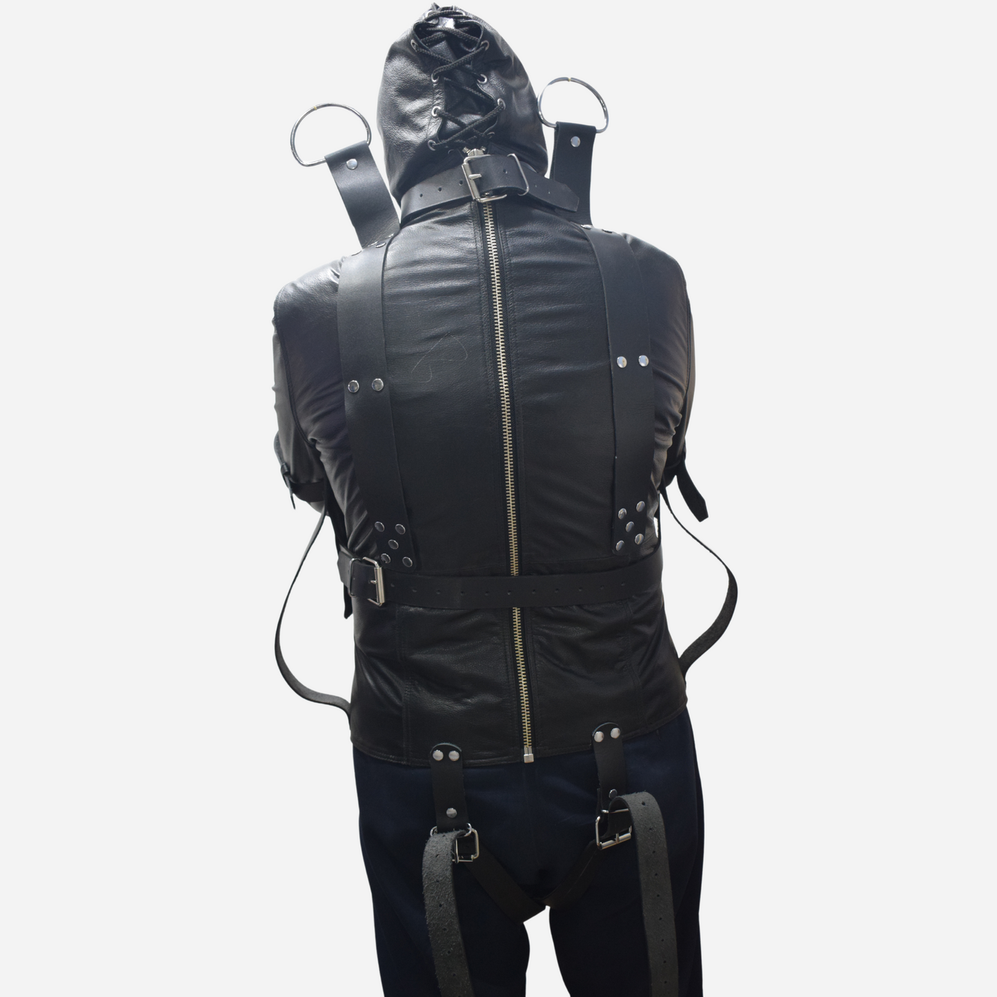 Real Leather Straight jacket with zipper back and removable hood.