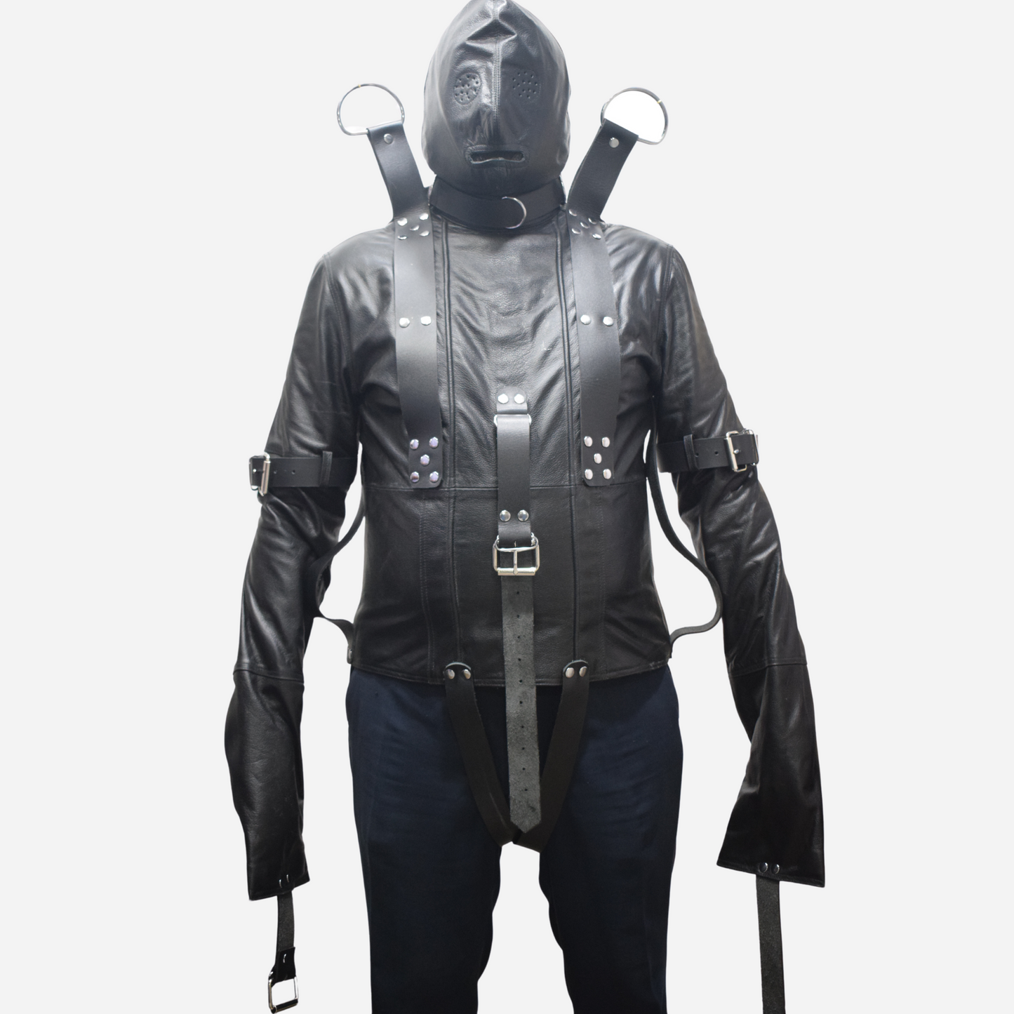 Real Leather Straight jacket with zipper back and removable hood.