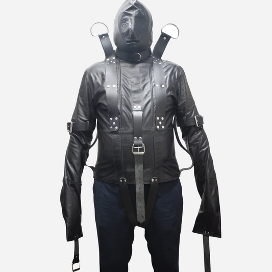 Real Leather Straight jacket with zipper back and removable hood.