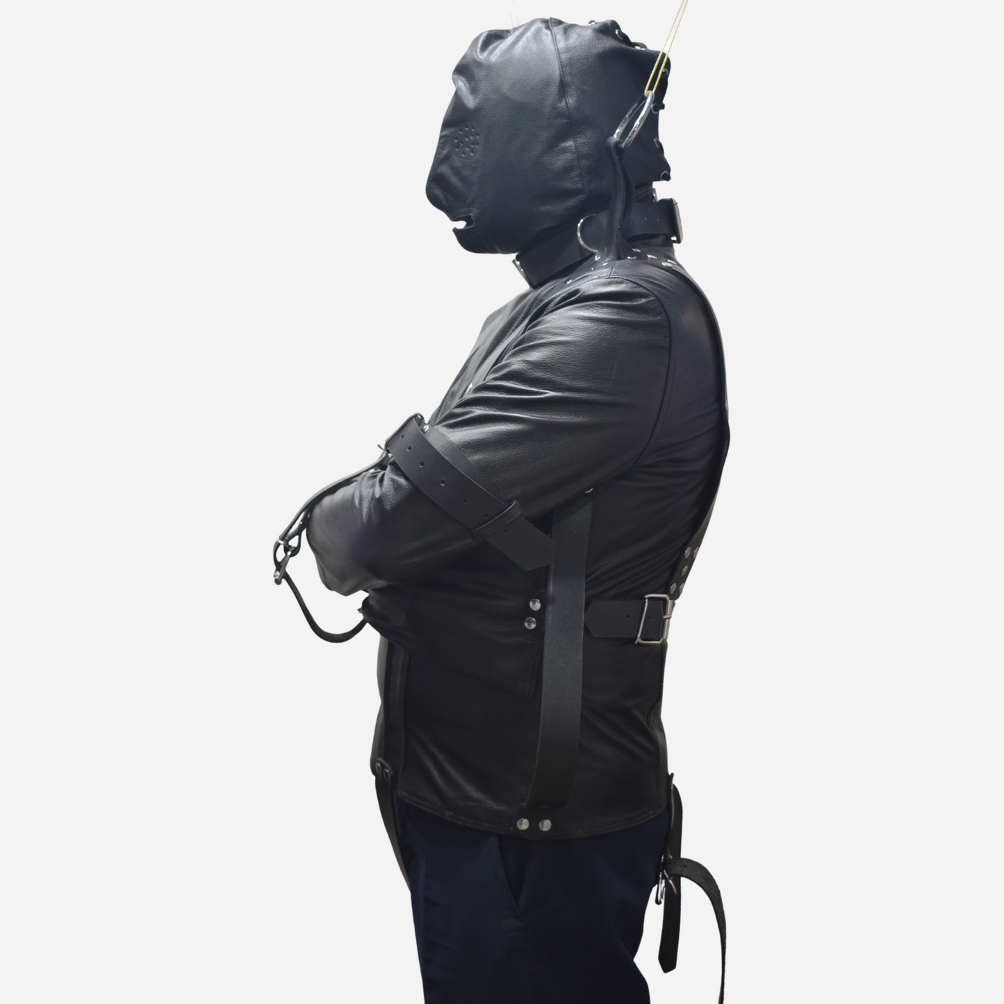 Real Leather Straight jacket with zipper back and removable hood.