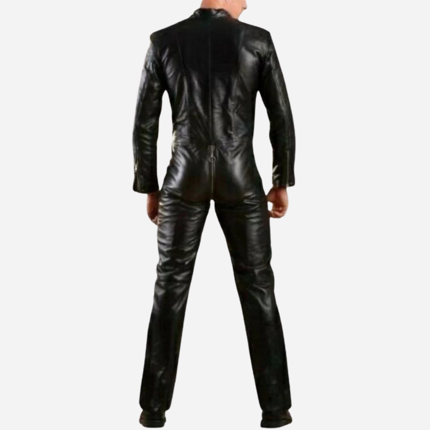 Premium Genuine Leather Jumpsuit. Featuring a sleek black color, soft leather, and a mock collar.