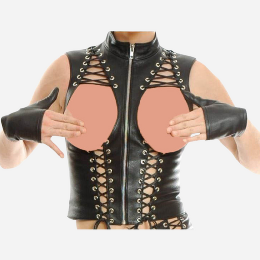 Real Leather Cupless Corset See through Mini skirt with lace up closure.