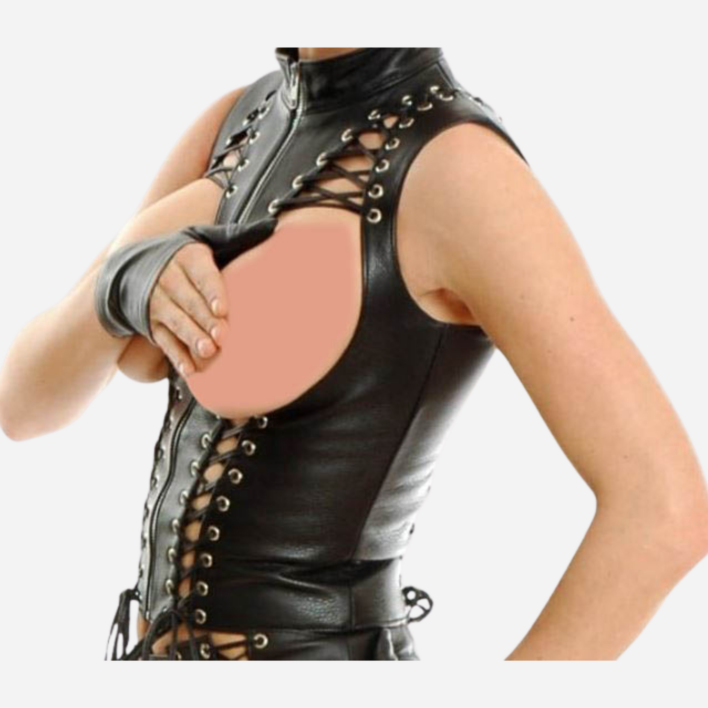 Real Leather Cup-less Corset See through Mini skirt with lace up closure.