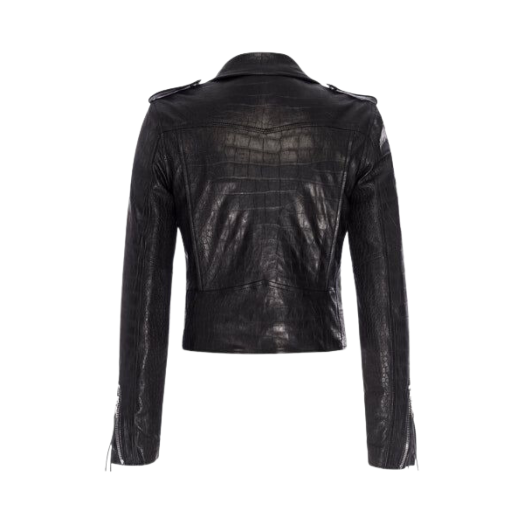 Rev up your style with our Stylish Biker Genuine Leather Jacket featuring a lapel collar with silver studs and crocodile skin engraving. Complete with a durable YKK zipper and three zipper pockets for storage. Shop now!