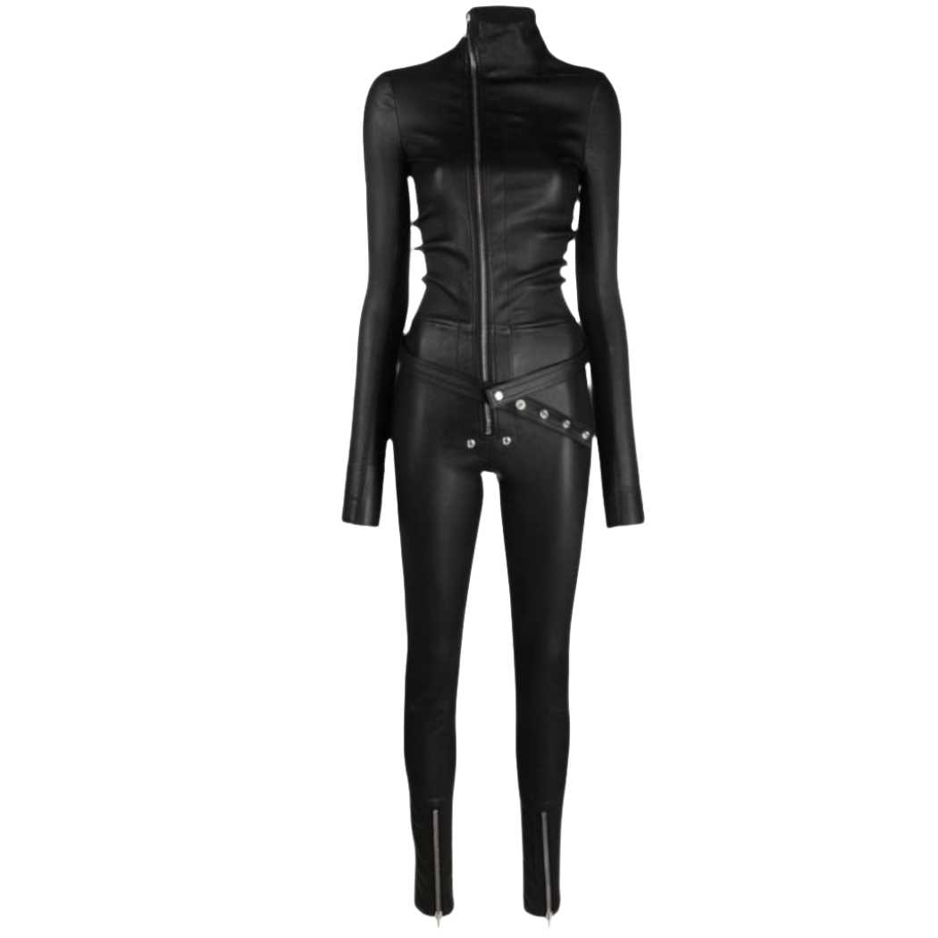 Elevate your style with our Chic genuine Leather Jumpsuit featuring a crew neck and YKK zipper closure on the front. This fitted genuine leather catsuit includes waist belt eyelet details for added flair.