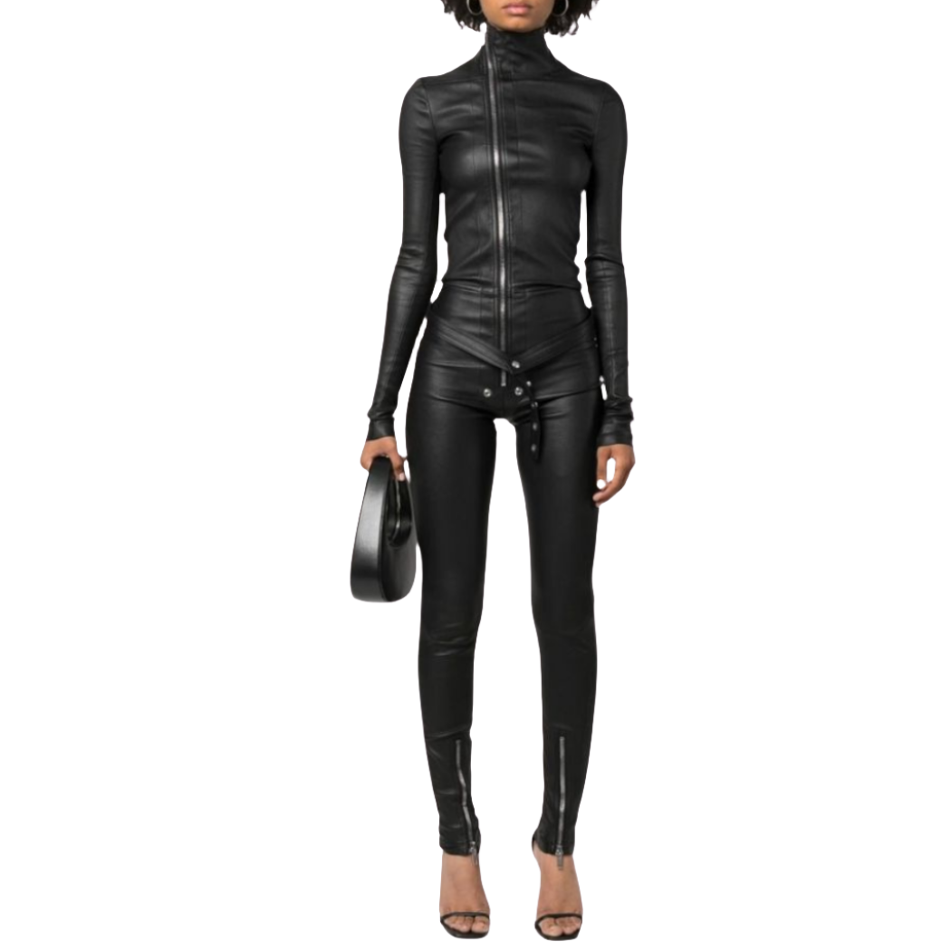 Elevate your style with our Chic genuine Leather Jumpsuit featuring a crew neck and YKK zipper closure on the front. This fitted genuine leather catsuit includes waist belt eyelet details for added flair.