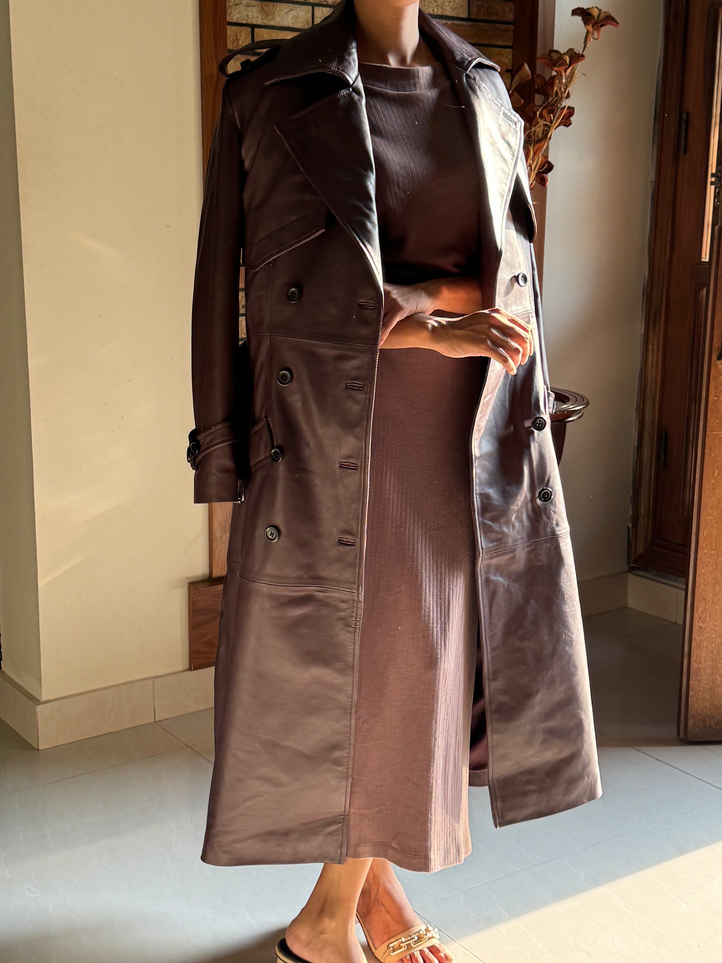 Alara Burgundy Leather Trench Coat