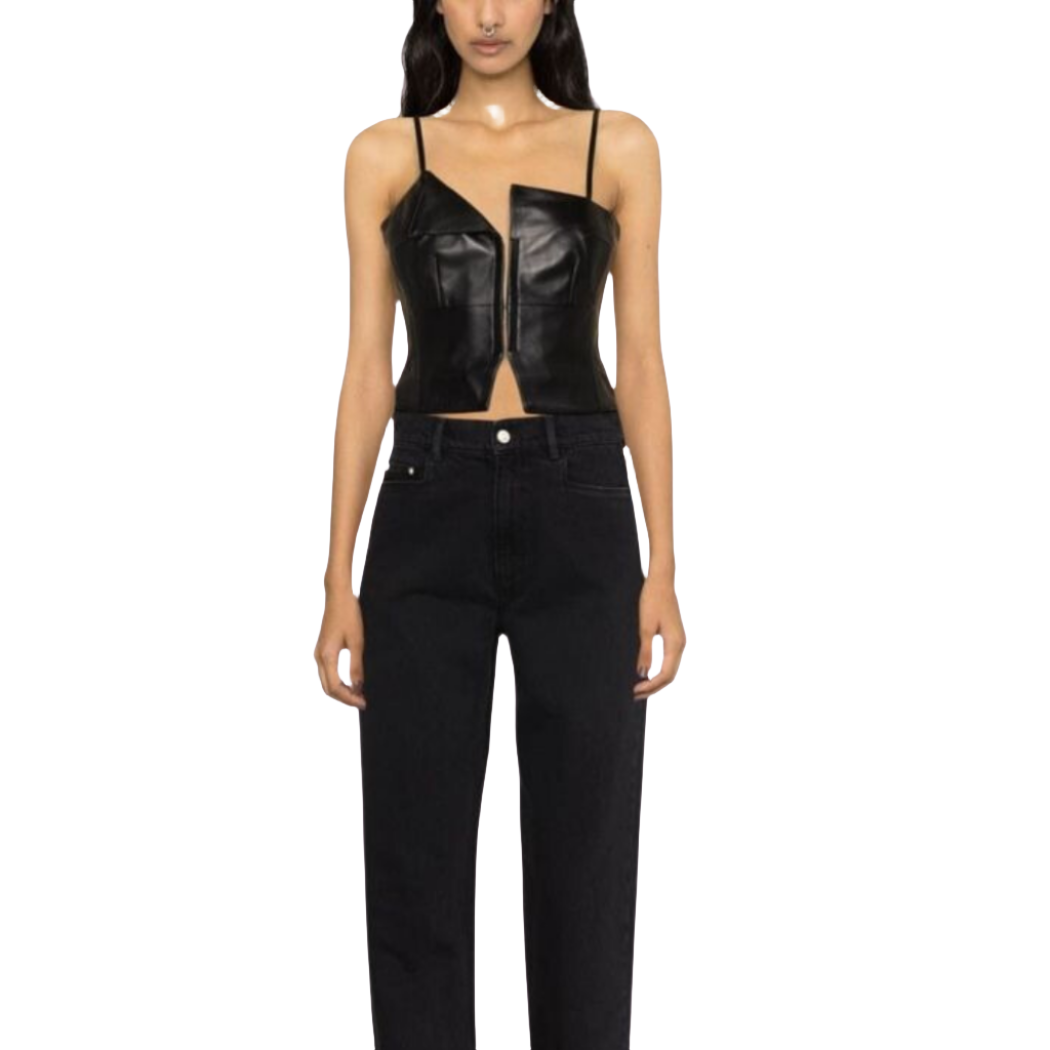 our Chic Genuine Asymmetrical Leather Top featuring spaghetti straps and a unique design. this leather top has a center front YKK zipper closure and contrasting necklines, this top adds a touch of edgy sophistication to any look.