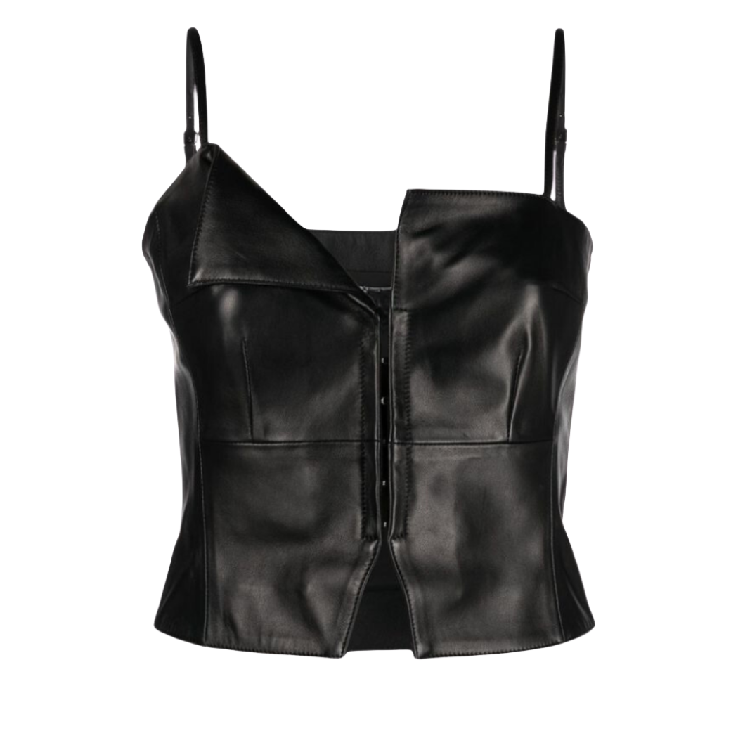 our Chic Genuine Asymmetrical Leather Top featuring spaghetti straps and a unique design. this leather top has a center front YKK zipper closure and contrasting necklines, this top adds a touch of edgy sophistication to any look.
