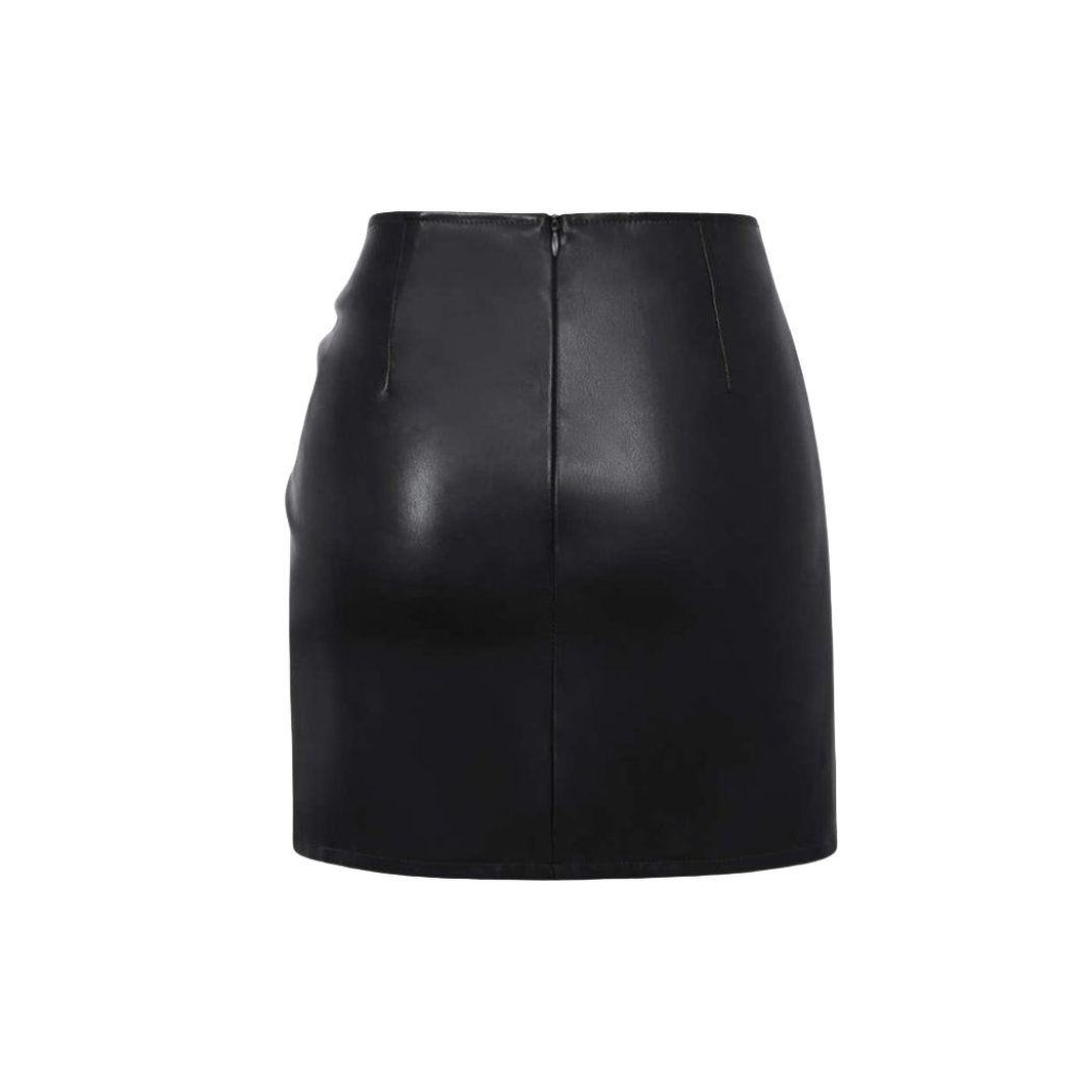 our Genuine Leather Black String Ruched Mini leather Skirt. Crafted from premium leather, its string ruched detailing offers an adjustable fit and adds a touch of elegance.