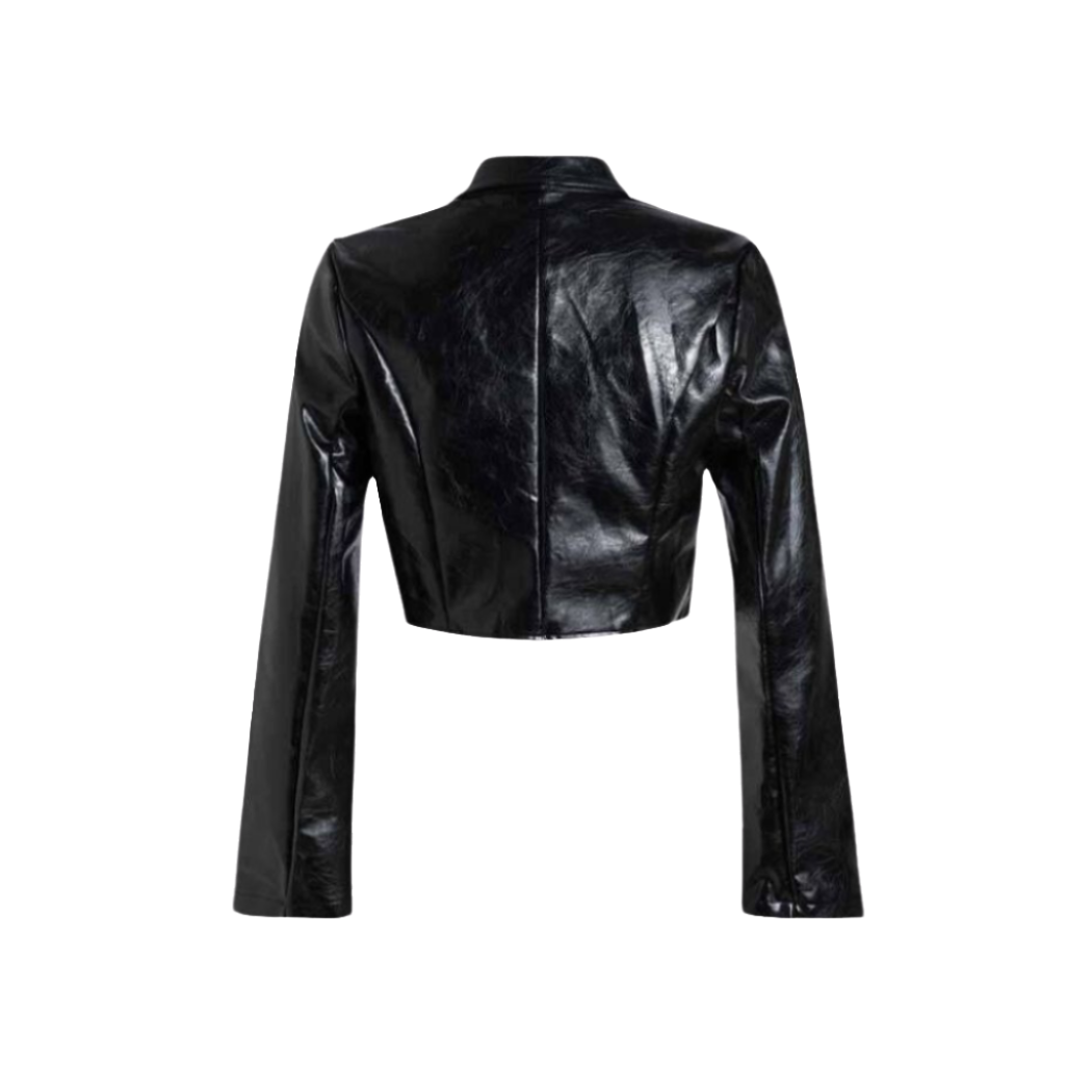 our Chic Genuine Leather top featuring a collared neckline, center front hook closure, and full sleeves with a slight flare. Elevate your style with this versatile and timeless leather top.
