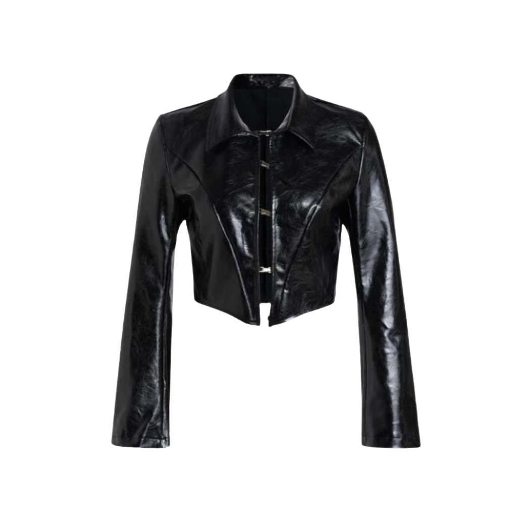 our Chic Genuine Leather top featuring a collared neckline, center front hook closure, and full sleeves with a slight flare. Elevate your style with this versatile and timeless leather top.
