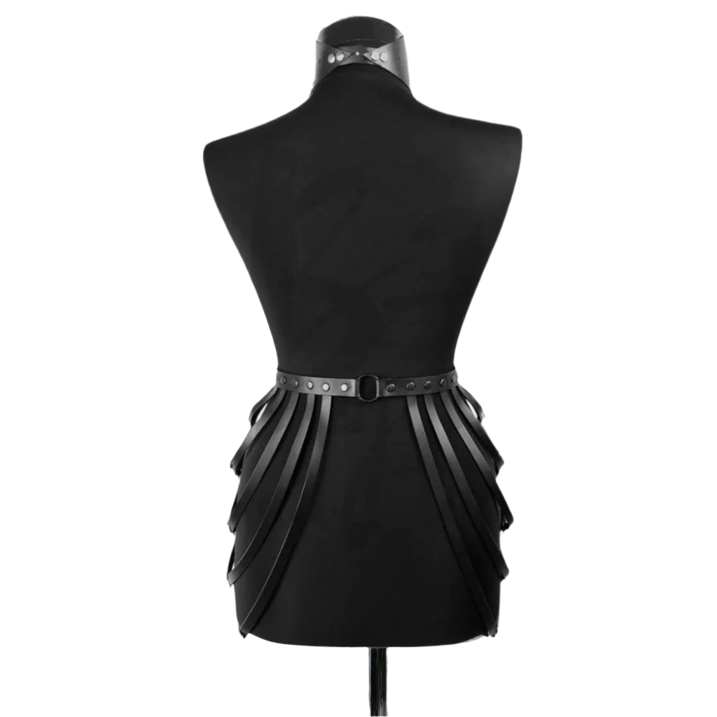 Accentuate your curves with our Embellished Genuine Leather Waist and Hip Harness. Crafted from sturdy yet soft genuine leather, this harness delicately settles on the body, emphasizing the hips. The adjustable waist belt ensures a perfect fit.  back picture