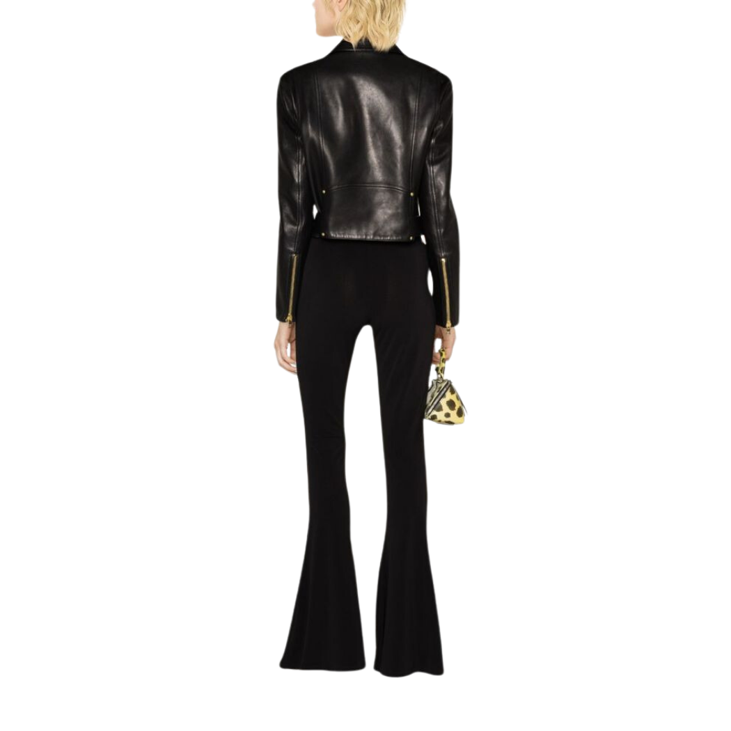 Elevate your style with our Luxurious Cropped Genuine Leather Jacket featuring a lapel zipper collar, 2 zipper pockets, and a waist belt on the hem for adjustability. Complete with gold accents made from genuine material for a touch of luxury. Shop now!