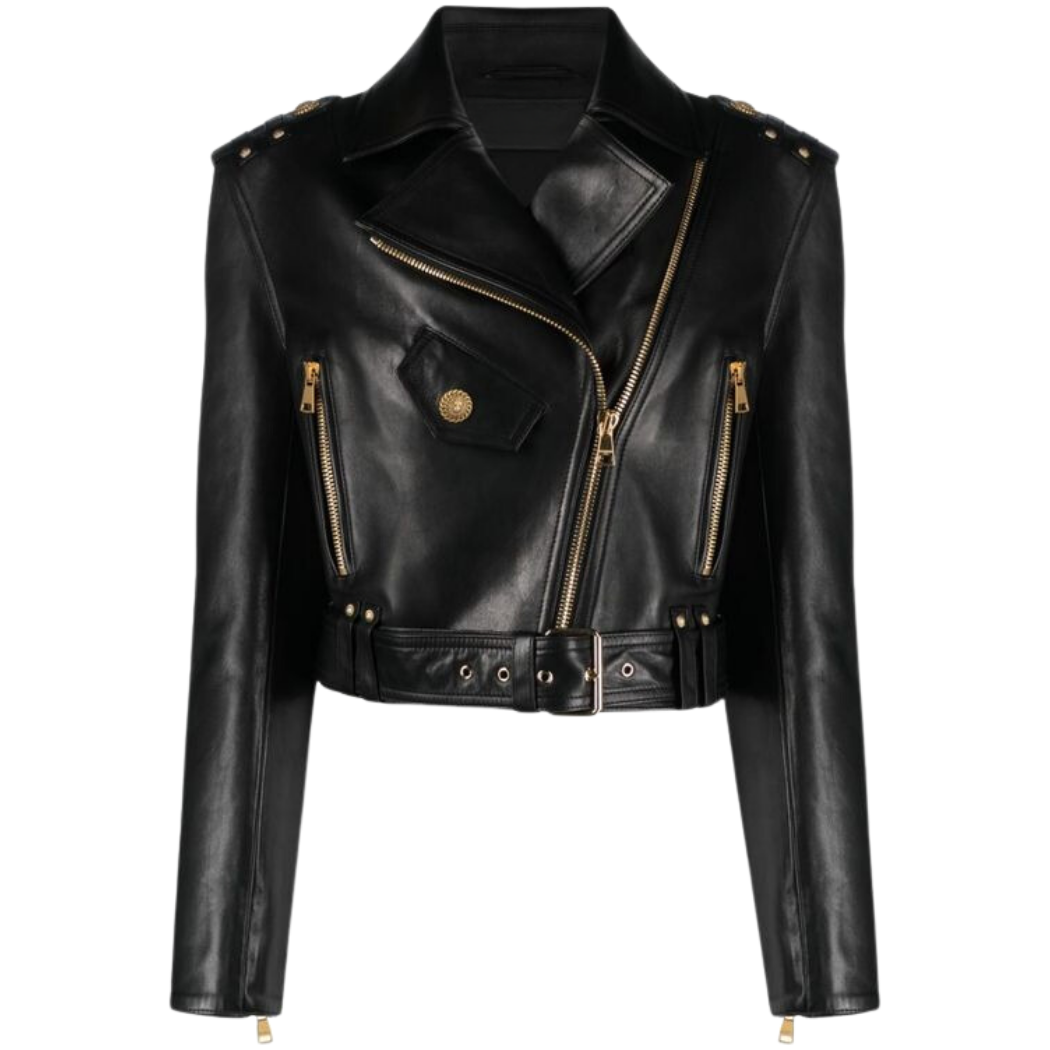 Elevate your style with our Luxurious Cropped Genuine Leather Jacket featuring a lapel zipper collar, 2 zipper pockets, and a waist belt on the hem for adjustability. Complete with gold accents made from genuine material for a touch of luxury. Shop now!