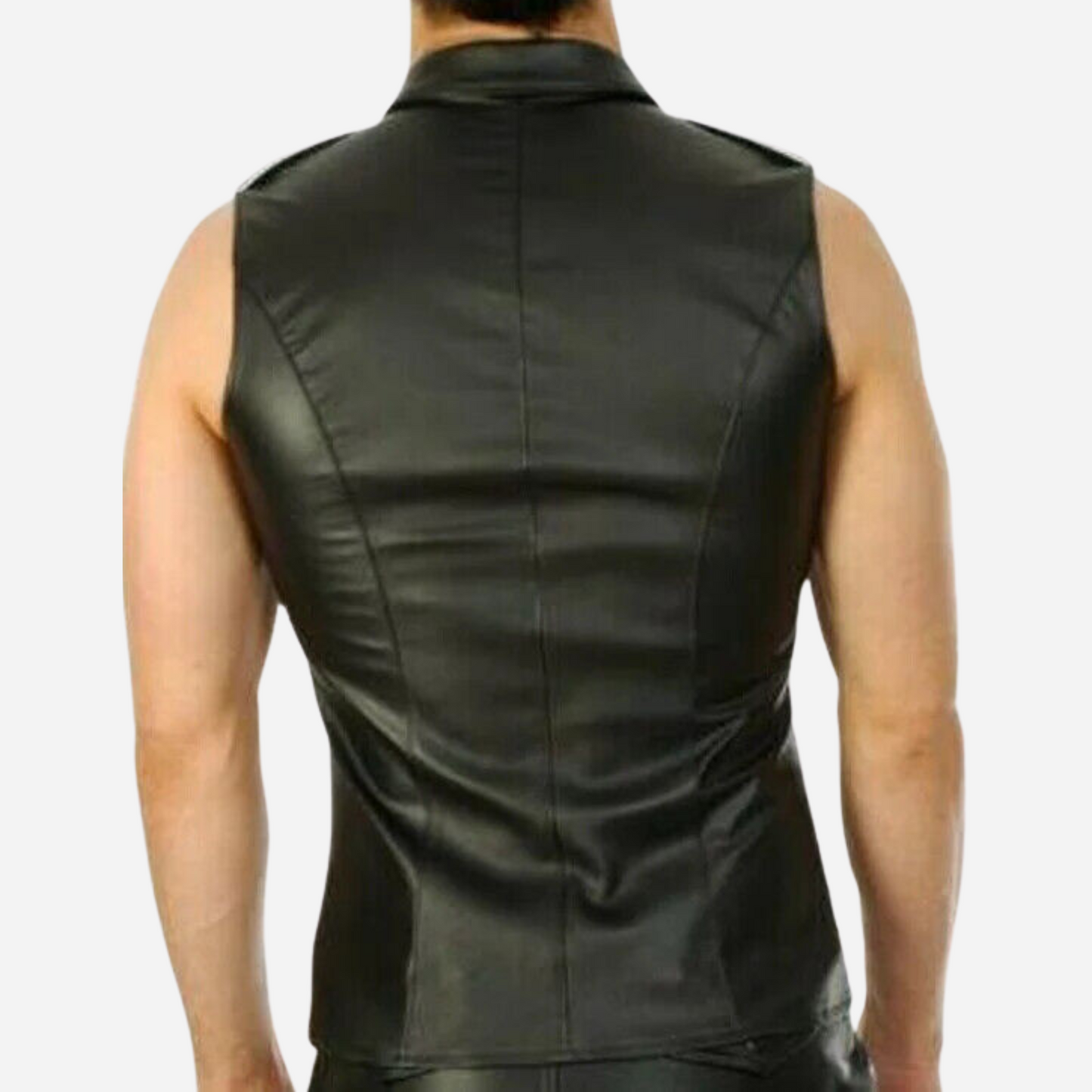 Shop our Leather Sleeveless Vest with Front Button Detail, made from high-grade leather. Featuring a stylish design with epaulettes, double-stitched seams, and a lightweight feel. Available in all sizes, including custom options. Perfect for all seasons—elevate your wardrobe today!