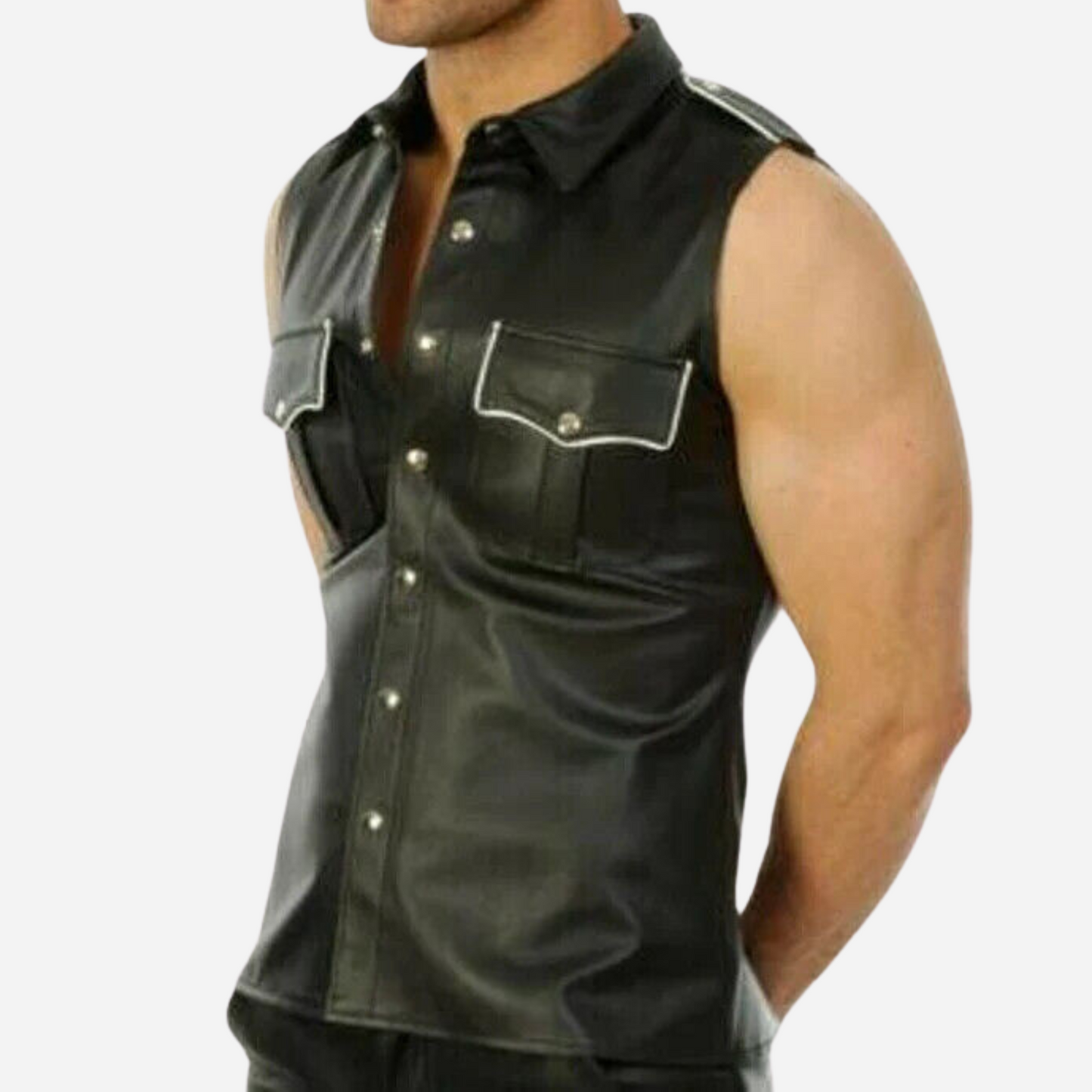 Shop our Leather Sleeveless Vest with Front Button Detail, made from high-grade leather. Featuring a stylish design with epaulettes, double-stitched seams, and a lightweight feel. Available in all sizes, including custom options. Perfect for all seasons—elevate your wardrobe today!